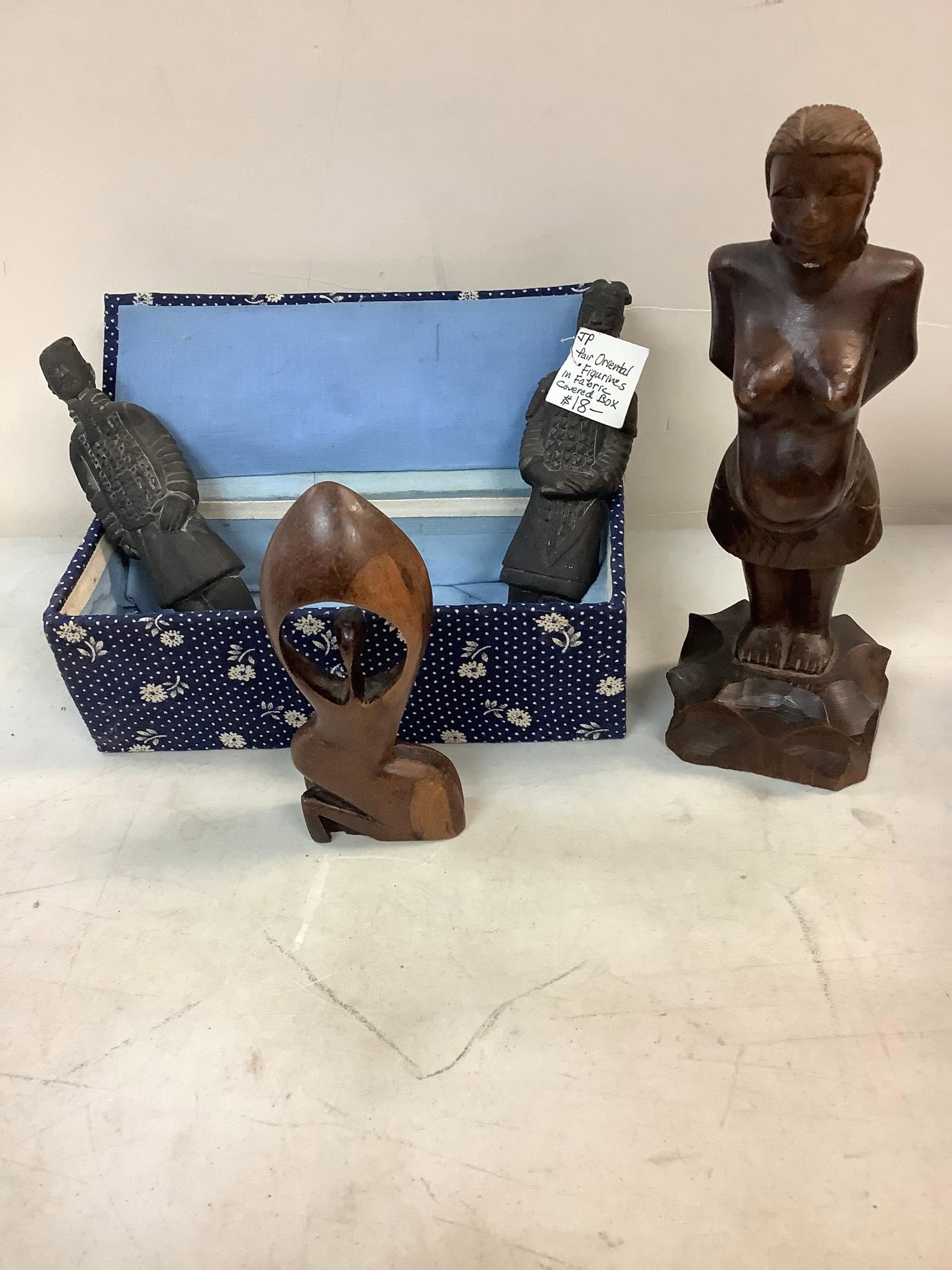 Lot of Wooden Statues and Pair of Oriental Figurines in Fabric Covered Box Tallest 9" (1 of 1)