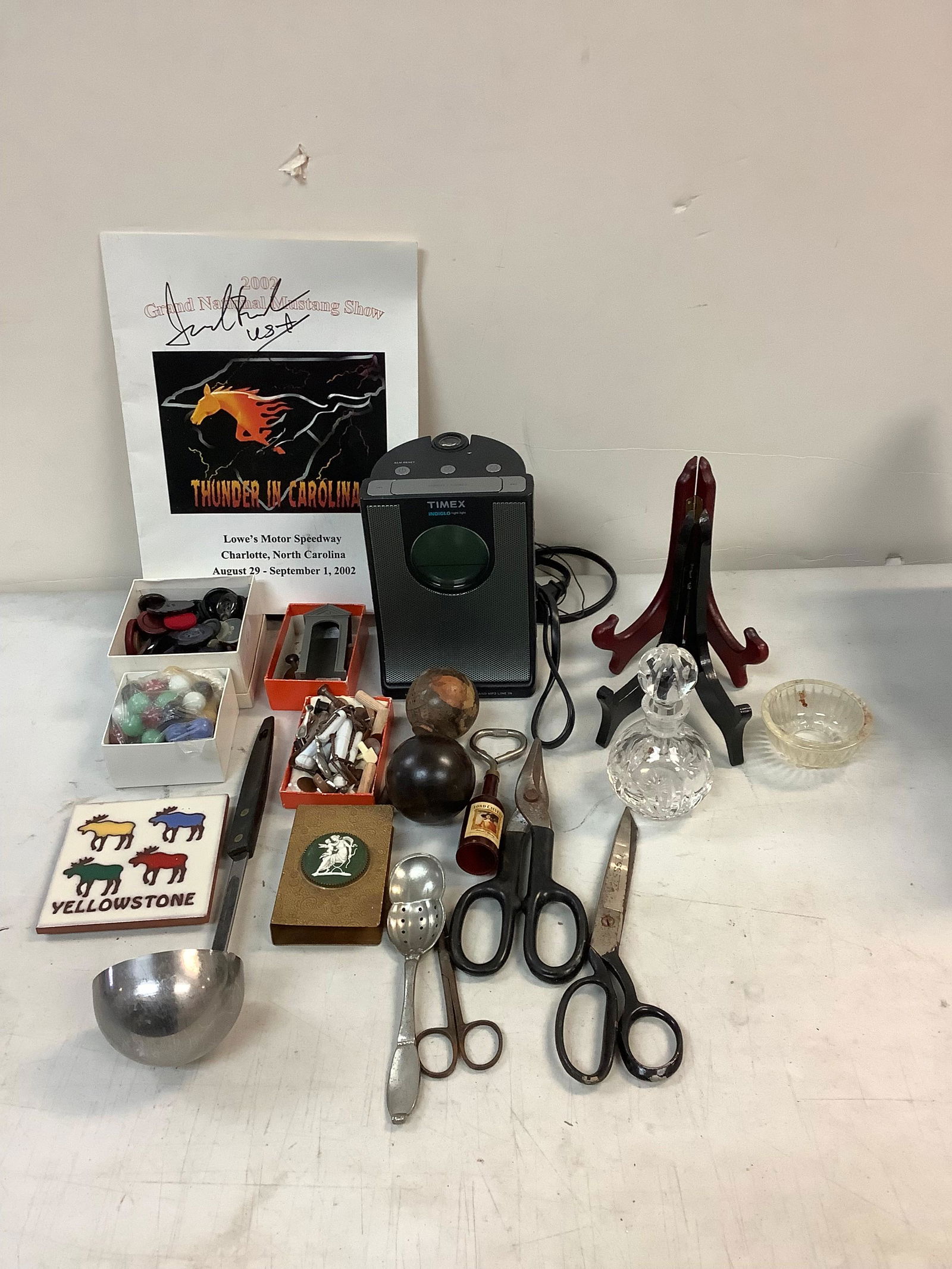 Lot of Timex Radio Alarm Clock, Marbles, Waterford Crystal Mini Decanter, Buttons and More (1 of 1)