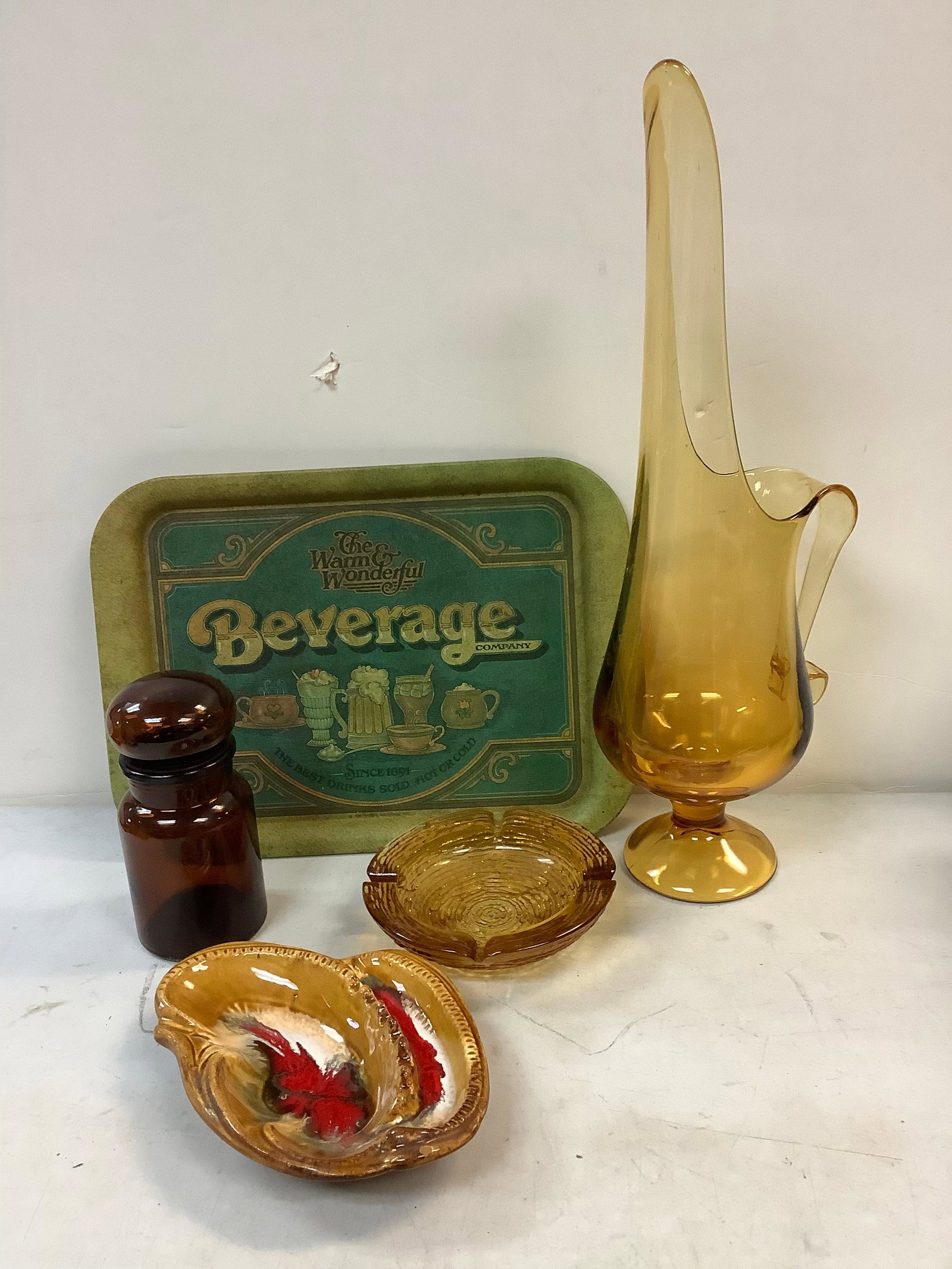 Lot of Vintage Beverage Tray, Amber Colored Decorative Pitcher, Ashtrays and Jar Tallest 19": Lot of Vintage Beverage Tray, Amber Colored Decorative Pitcher, Ashtrays and Jar Tallest 19"