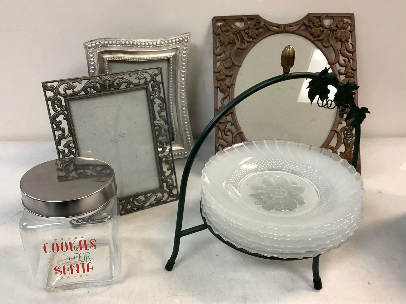 Lot of Picture Frames, Glass Cookies For Santa Jar and Frosted Plates on Wrought Iron Stand Tallest (1 of 1)