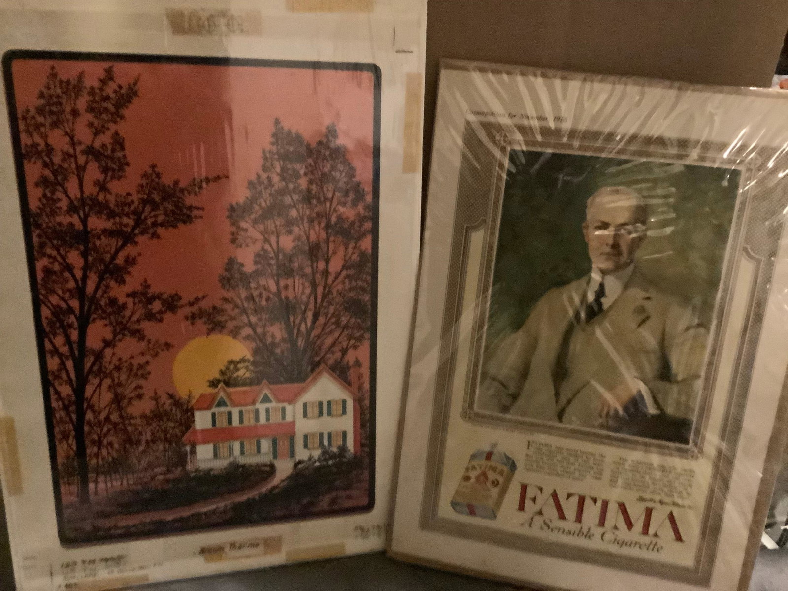 1916 Cosmopolitan Fatima Cigarette Advertising Sign and More: 1916 Cosmopolitan Fatima Cigarette Advertising Sign and More measurements are 12x9 for the Fatima Cigarette Ad and 13.5x9.5 for the other.