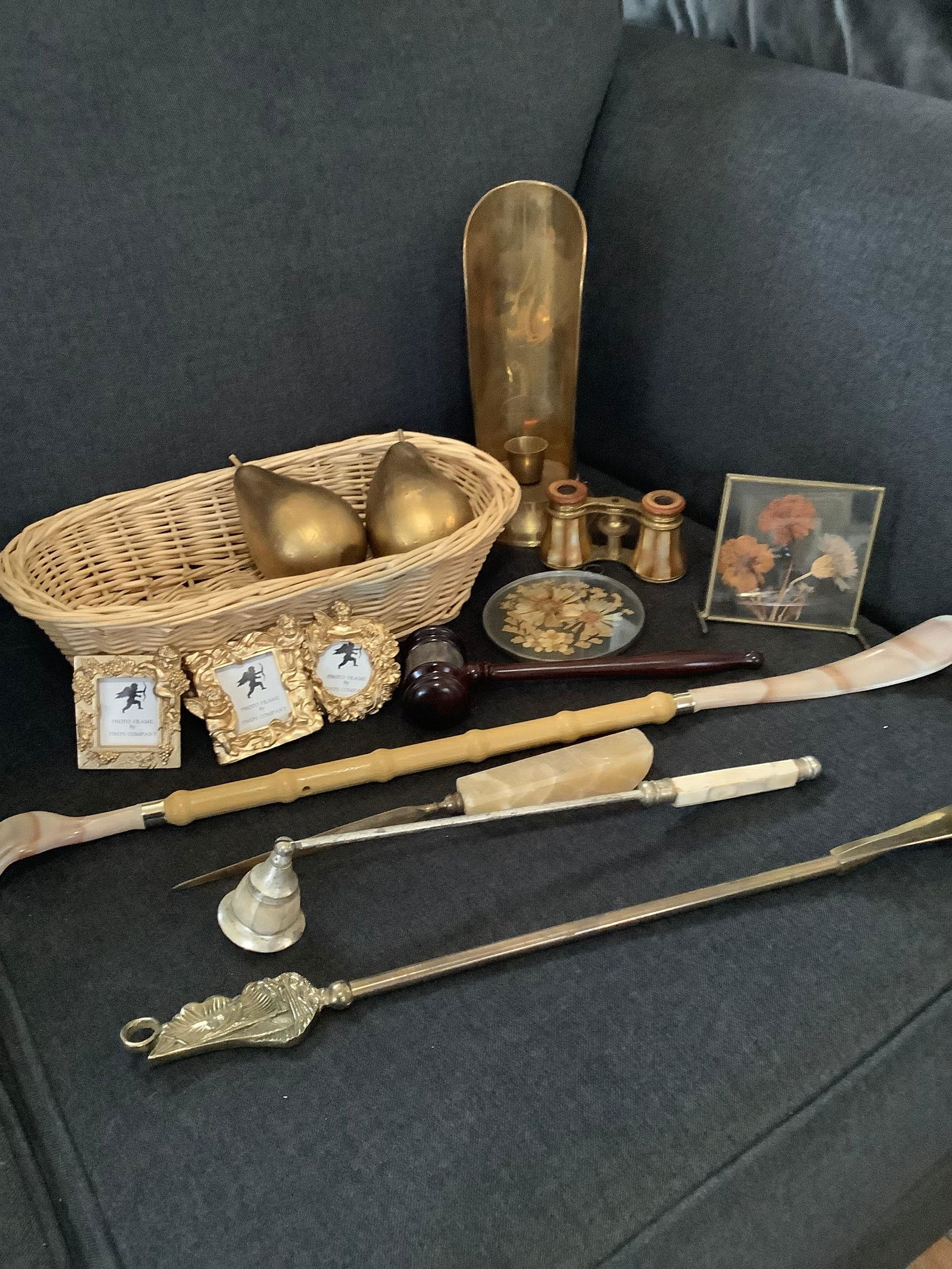 Lot of Vintage Lemaire FT Paris Opera Glasses, Gavel, Stone Letter Opener, Brass Shoe Horn and More: Lot of Vintage Lemaire FT Paris Opera Glasses, Gavel, Stone Letter Opener, Brass Shoe Horn and More