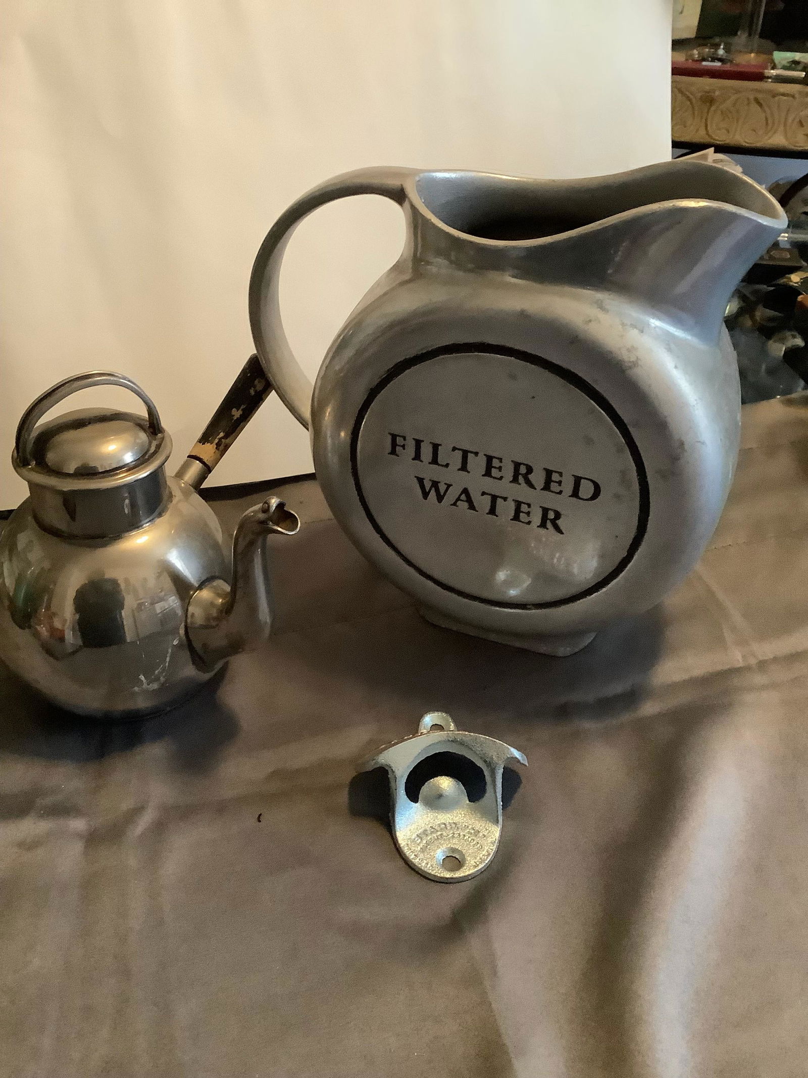 Lot of Metal Filtered Water Pitcher, Star Bottle Opener and Pair point 0355 E.P.N.S. Wm. Mount Tea (1 of 1)