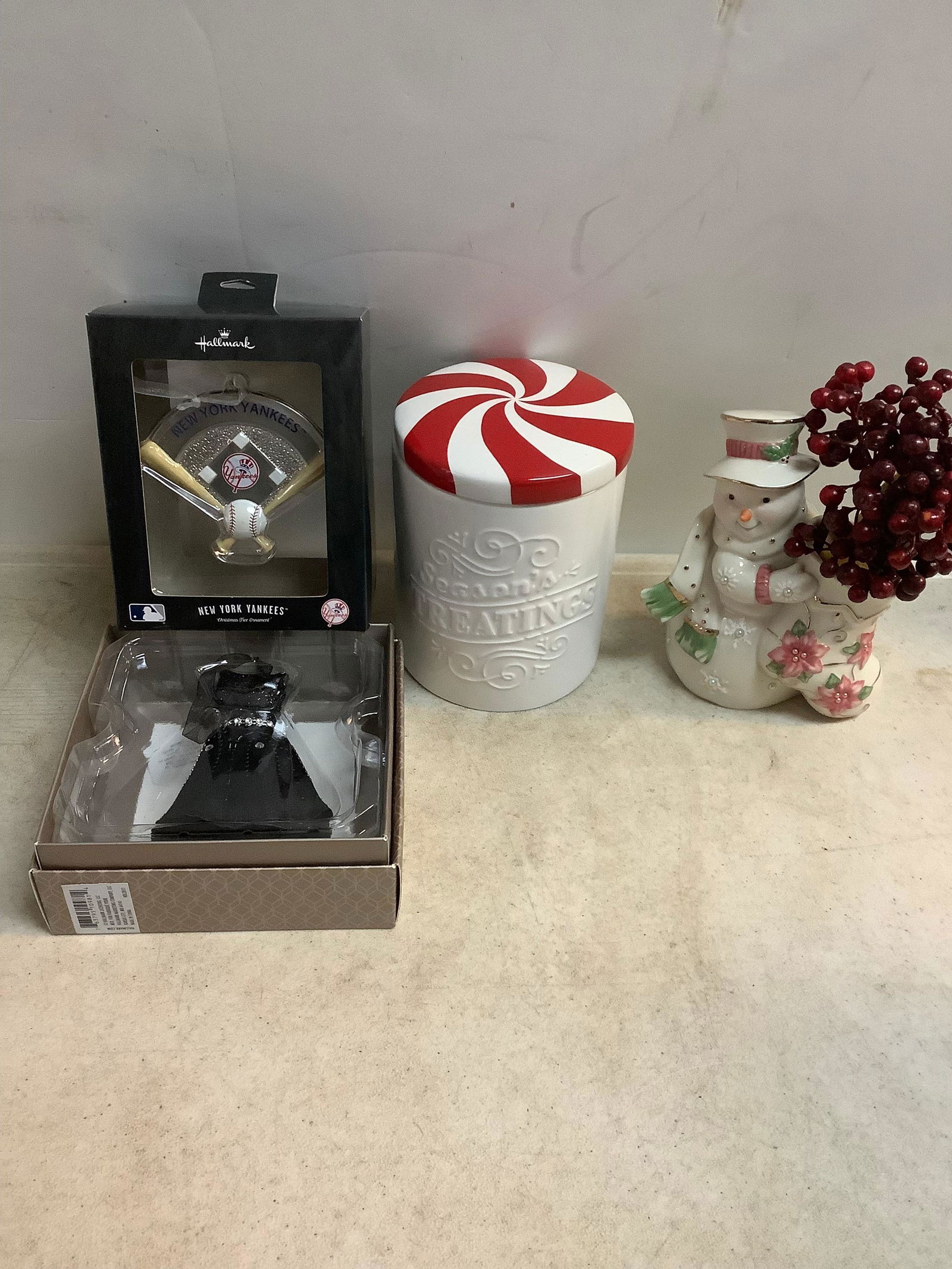 Lot of Lenox Snowman, Hallmark Ceramic Lidded Jar and Hallmark Yankees and Dress Ornaments Tallest (1 of 1)