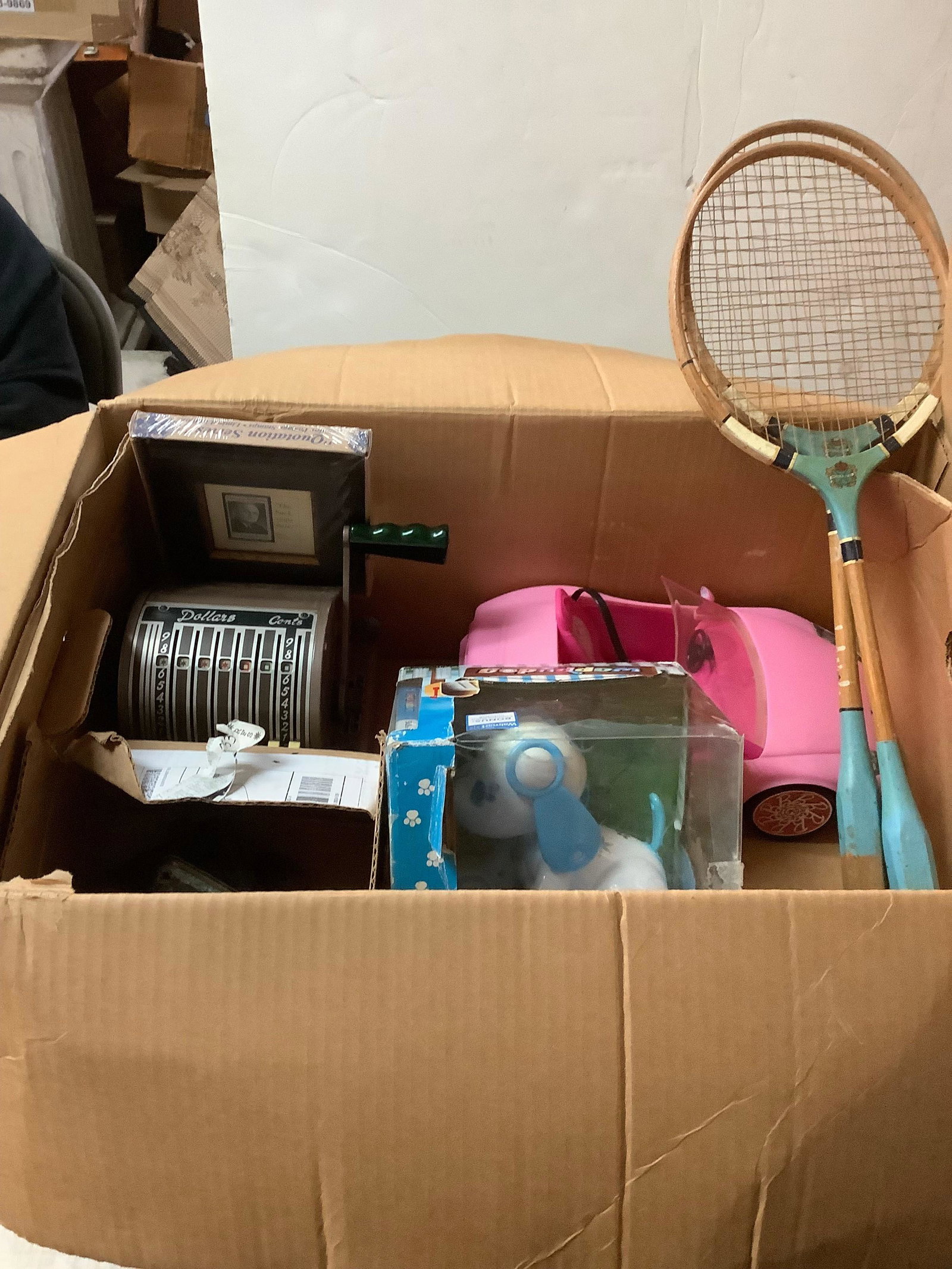 Box of limited edition Postal stamps, Nintendo ds wappy dog, vintage checking printer and more: Box of limited edition Postal stamps, Nintendo ds wappy dog, vintage checking printer and more