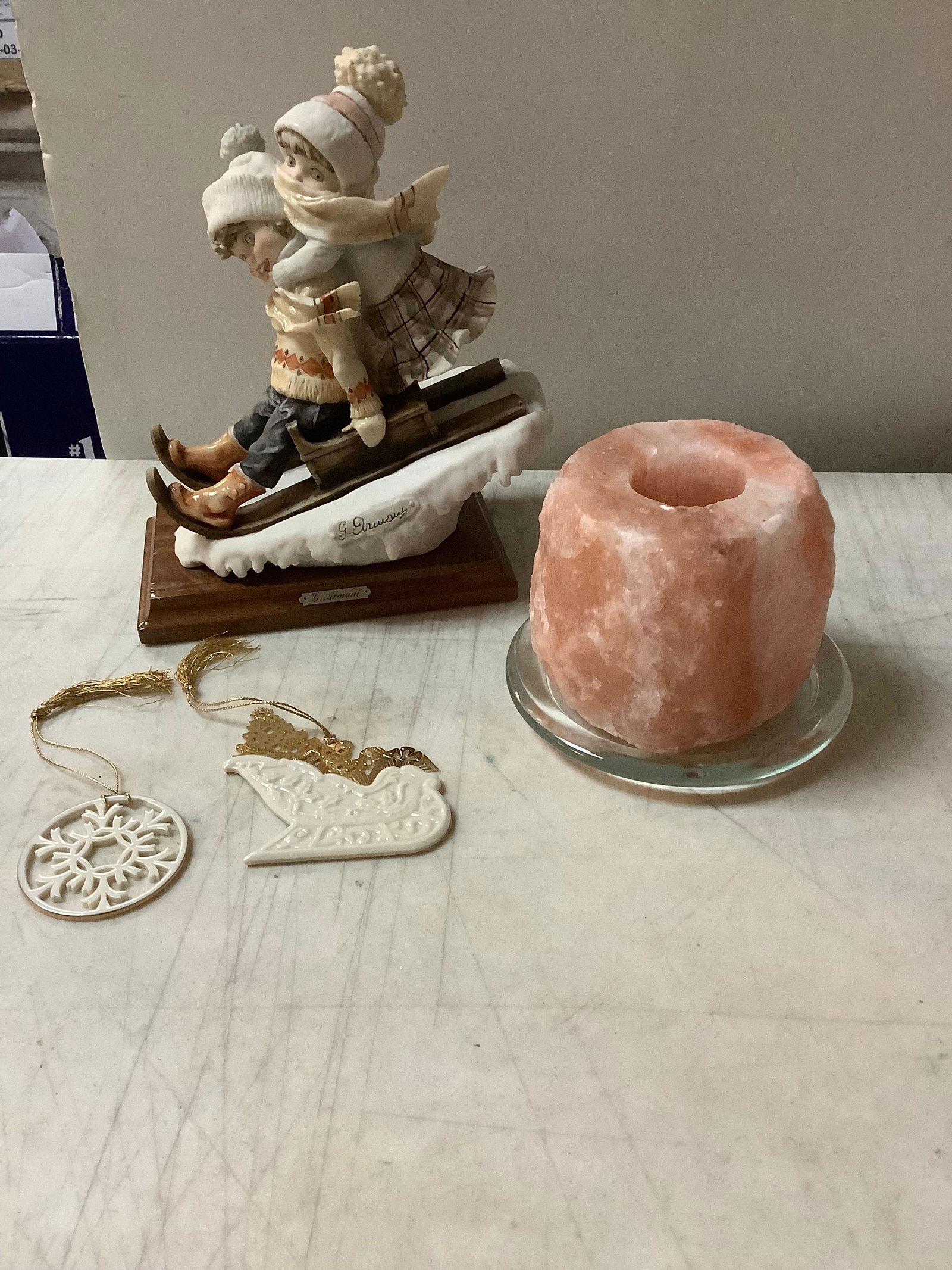 pink Himalayan salt candle holder 4 in, glass plate, 2 ornaments and George Armani 1982 porcelain (1 of 1)
