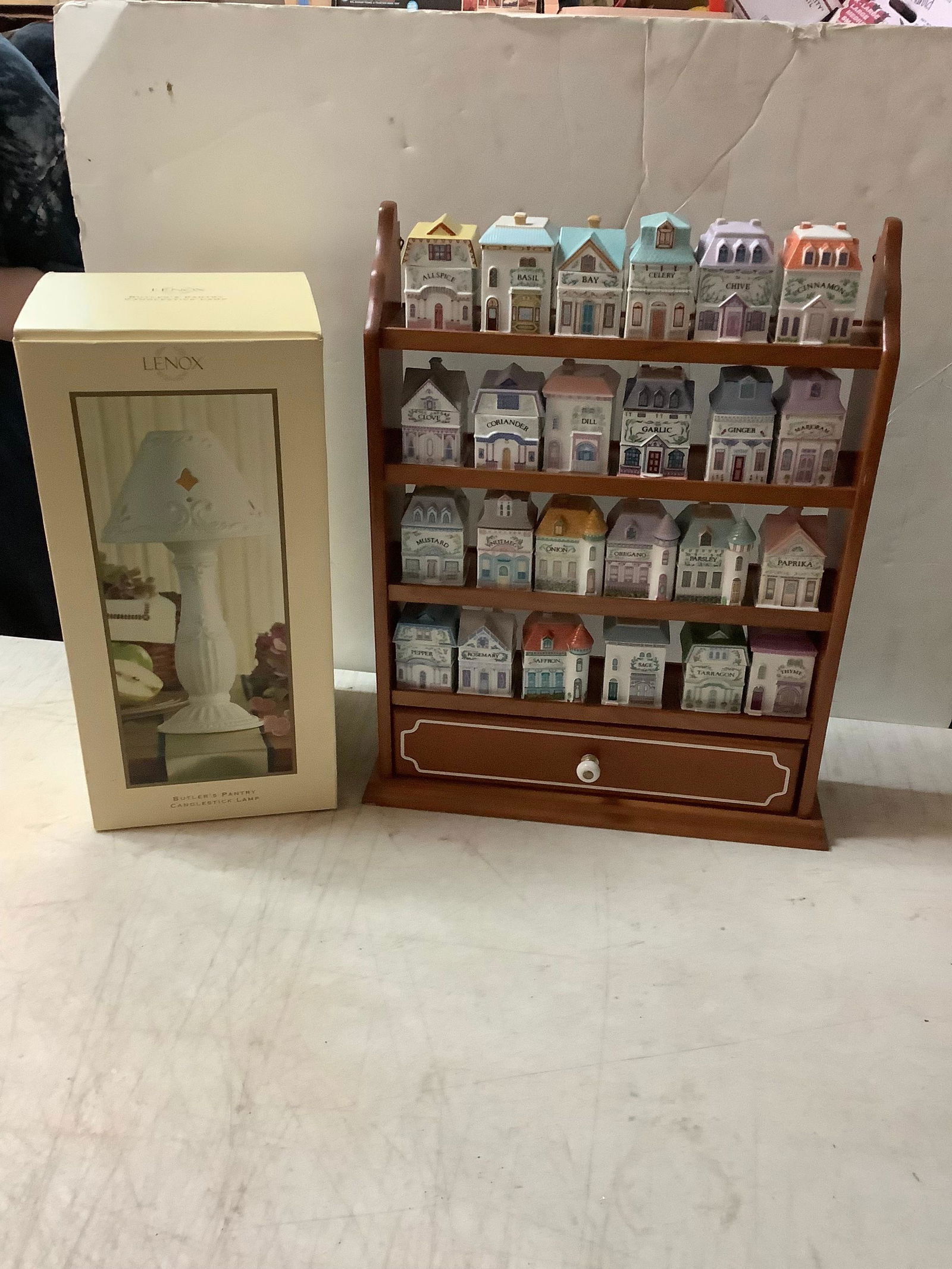 wooden 4 tier shelve 19x14, Lenox porcelain spice village and Lenox Butler's pantry candlestick lamp (1 of 1)