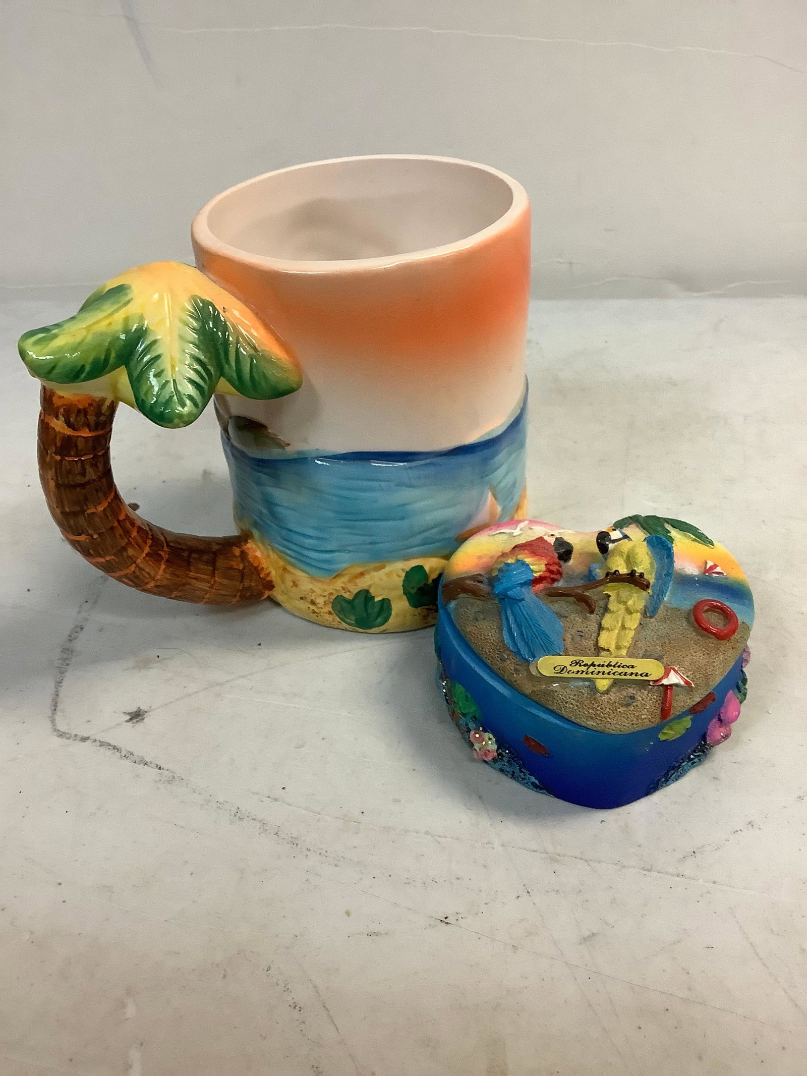 Virginia beach mug and Dominican republic parrot trinket box: Virginia beach mug and Dominican republic parrot trinket box