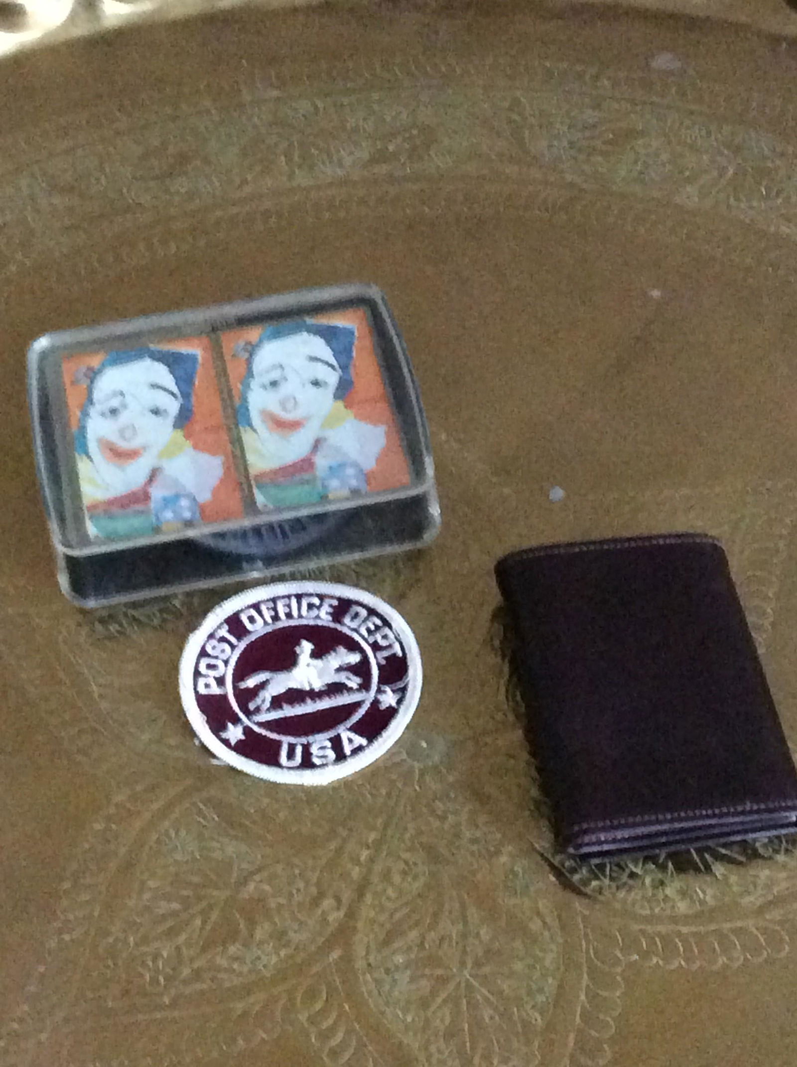 Brown Leather Wallet, Vintage Post Office Patch and Clown Cards (1 of 1)