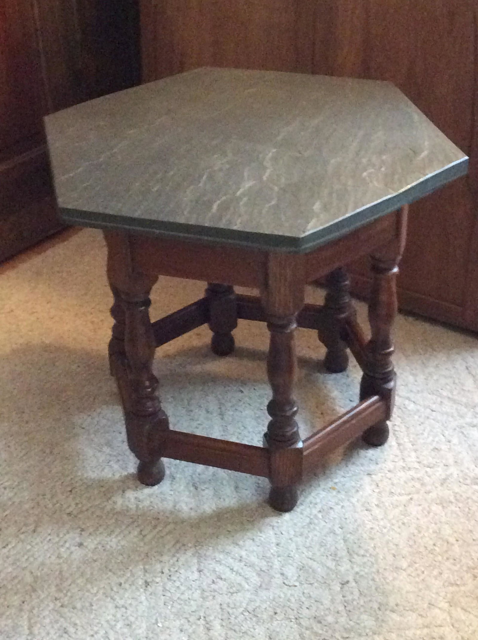 Hexagon End Table with Green Slate 24x22: Hexagon End Table with Green Slate 24x22