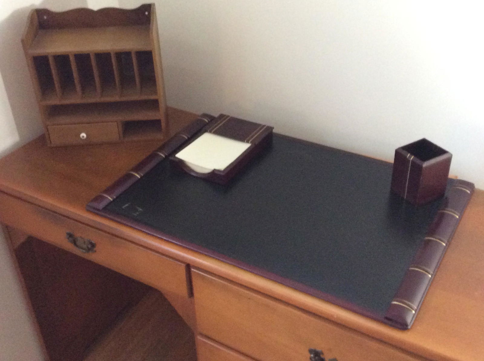 3 Piece Leather Desk Set and Wooden Rack (1 of 1)