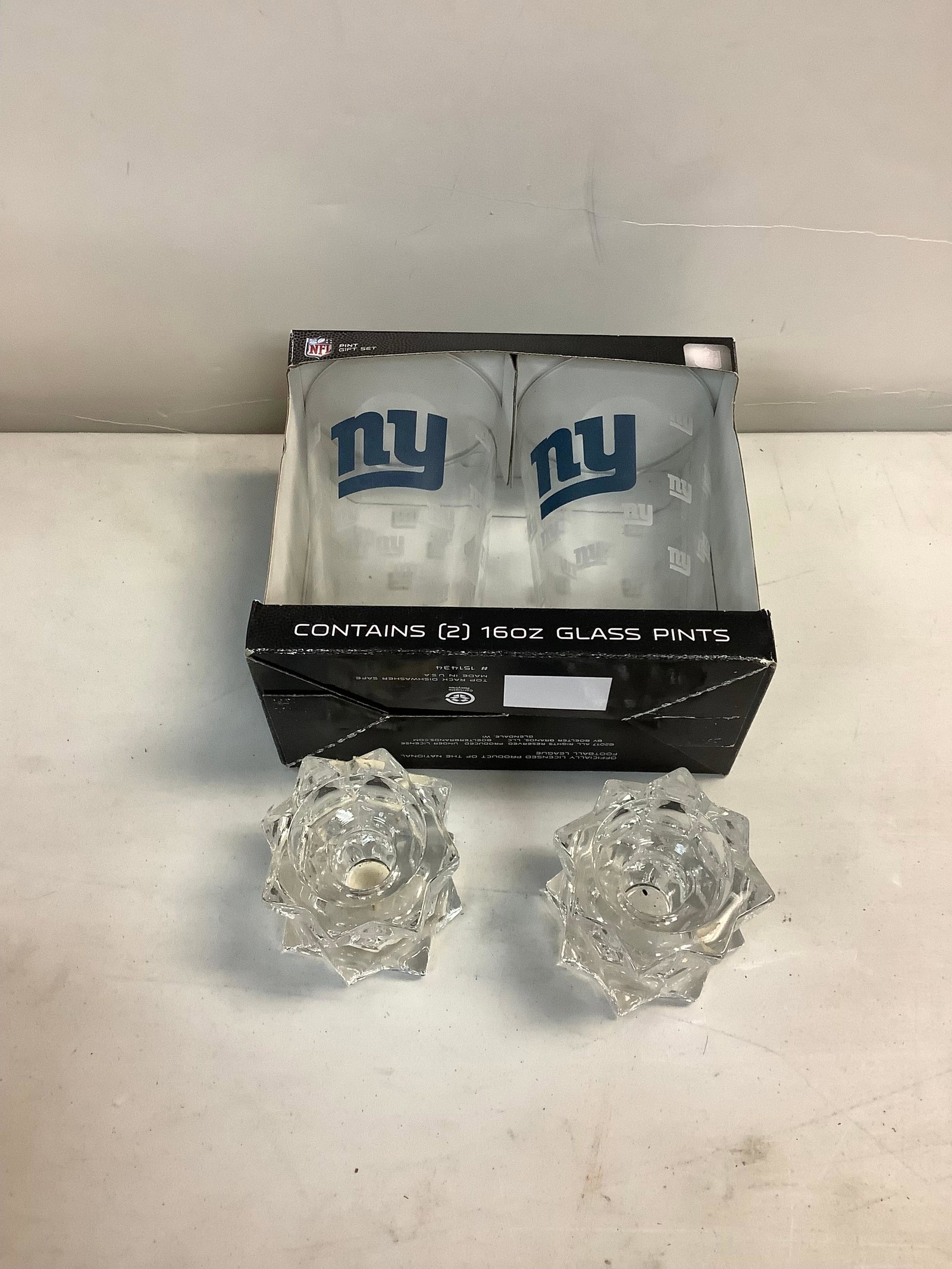 Lot of NFL 160z Glass Pint Gift Set and Mikasa Sparkling Star Candle Holders: Lot of NFL 160z Glass Pint Gift Set and Mikasa Sparkling Star Candle Holders