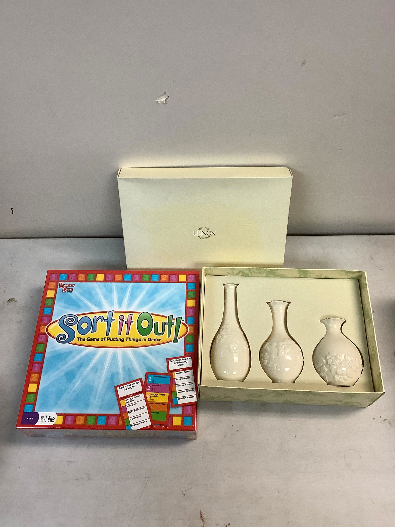 Lenox Set of 3 Carved Posy Vases and Sealed Sort it Out Game: Lenox Set of 3 Carved Posy Vases and Sealed Sort it Out Game
