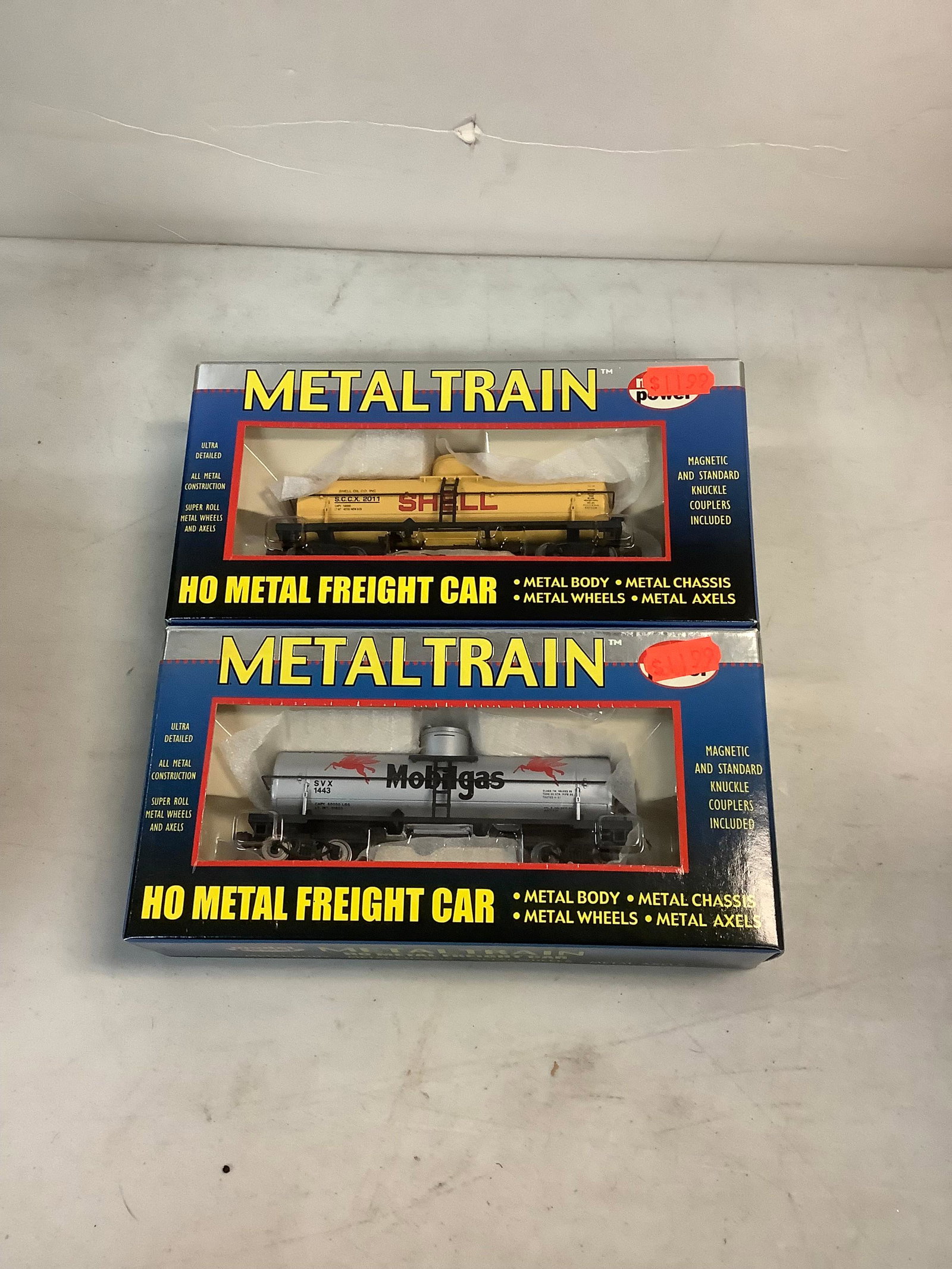two model power metal train cars: two model power metal train cars