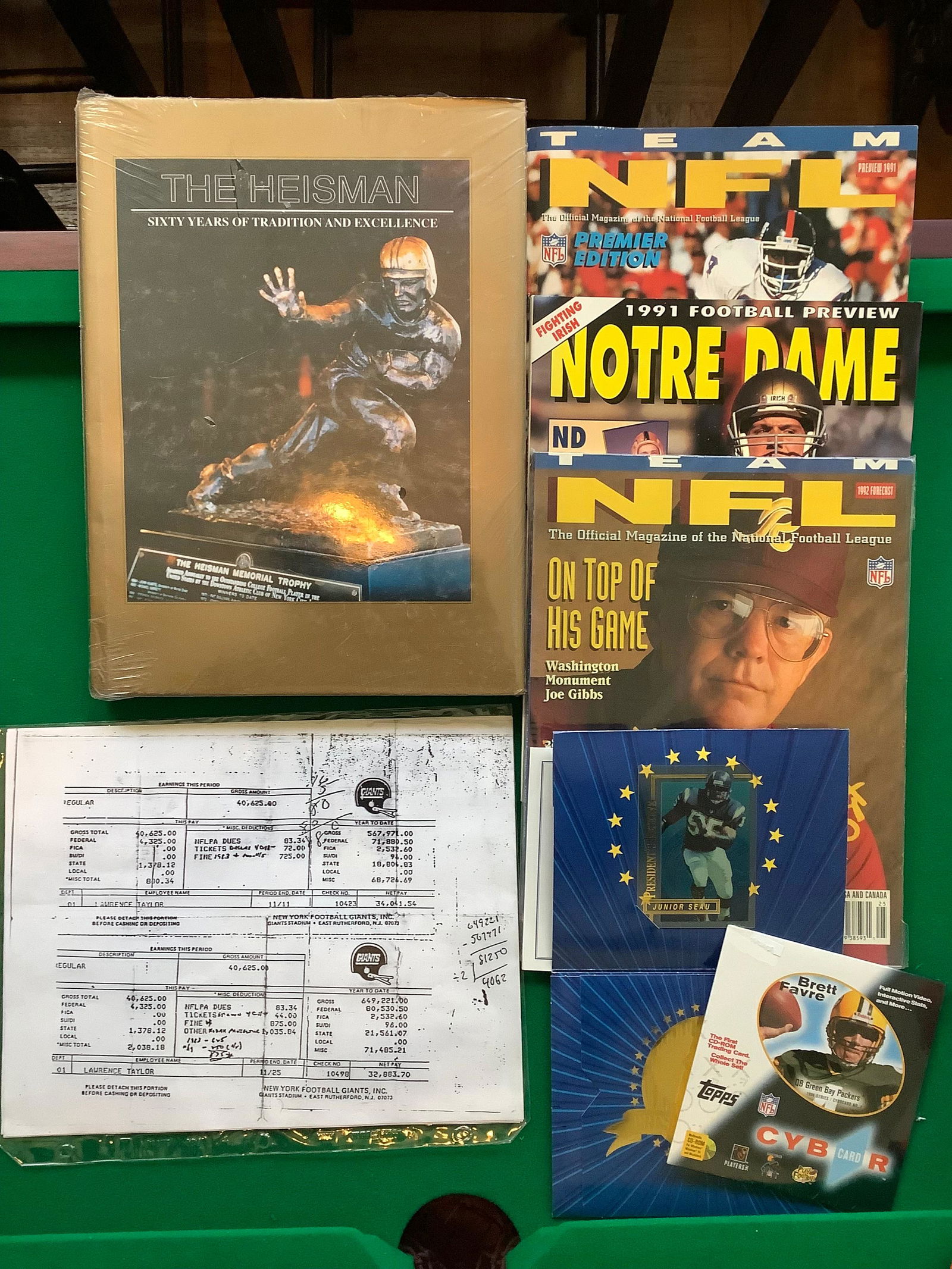 Sealed The Heisman Book, NFL Magazines w/ Cards Inside, President's Reserve "Junior Seau" Card, Copy: Sealed The Heisman Book, NFL Magazines w/ Cards Inside, President's Reserve "Junior Seau" Card, Copy of Lawrence Taylor's Paystub From The Giants and More
