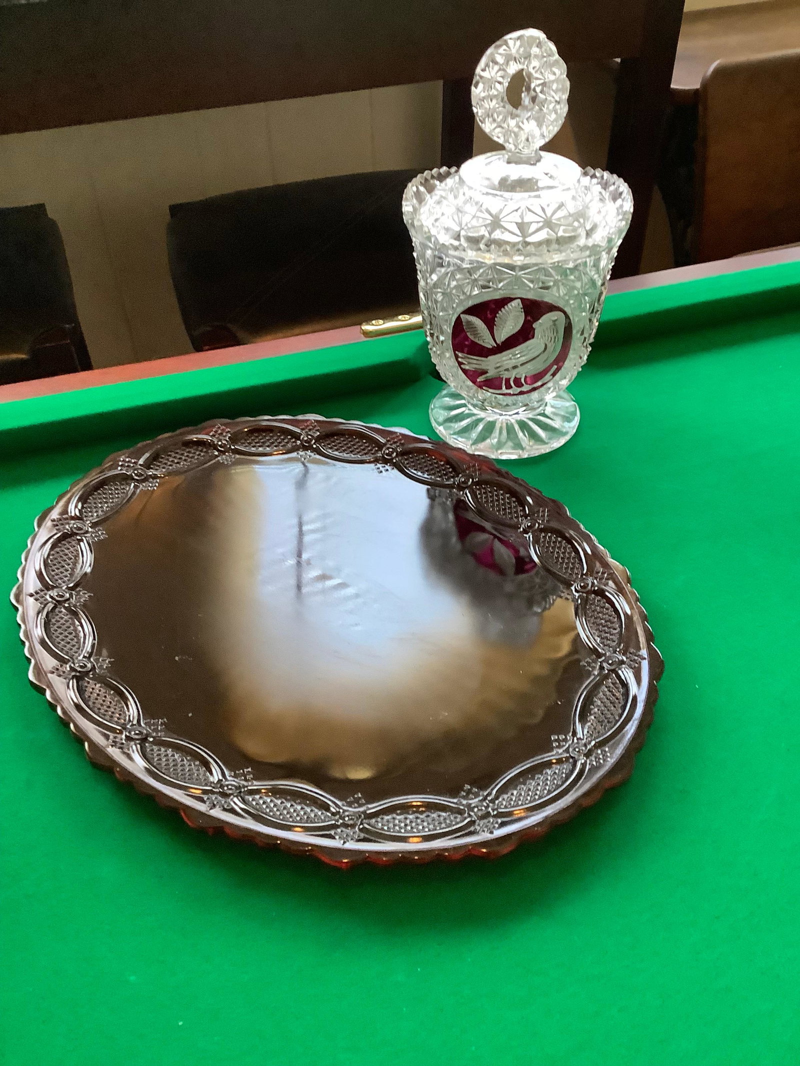 Beautiful Cut Glass Etched Bird Lidded Dish 9.5" and Garnet Colored Avon Plate 13.5x10.5: Beautiful Cut Glass Etched Bird Lidded Dish 9.5" and Garnet Colored Avon Plate 13.5x10.5