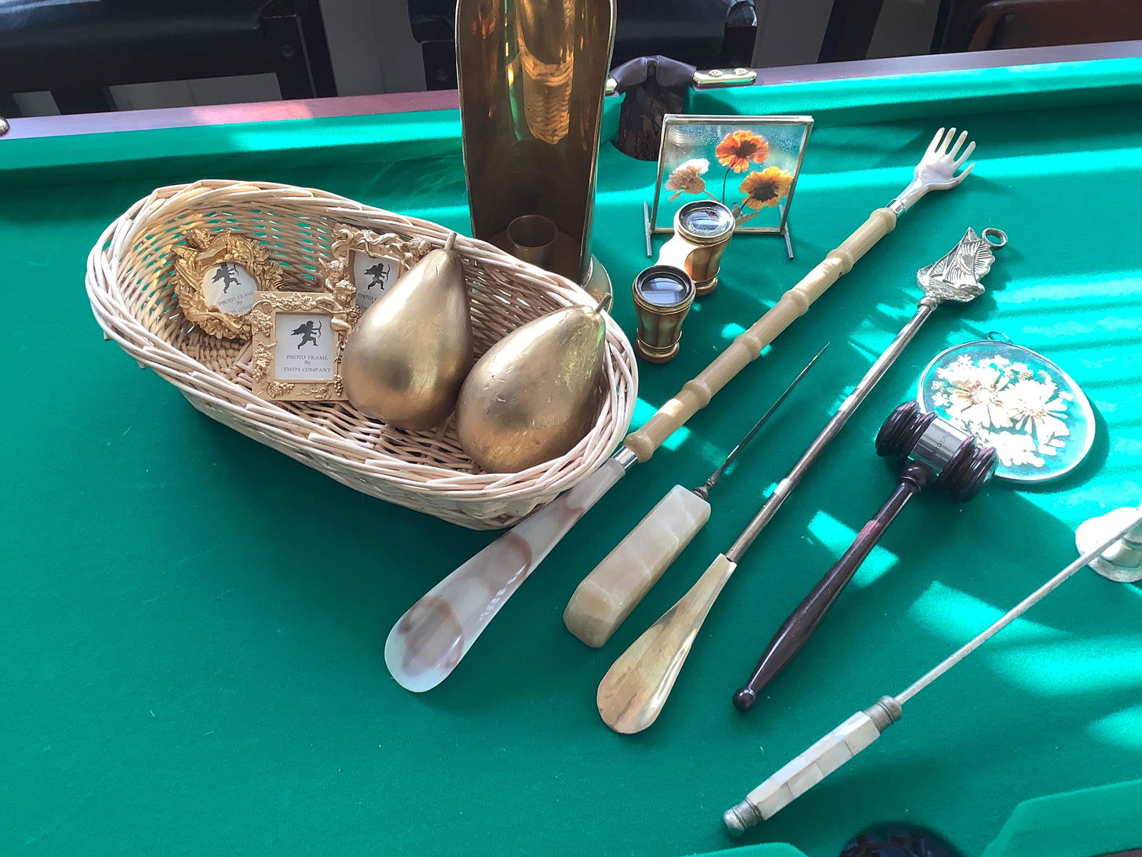 Lot of Vintage Lemaire FT Paris Mother of Pearl Opera Glasses, Brass Shoe Horn, Stone Handle Letter: Lot of Vintage Lemaire FT Paris Mother of Pearl Opera Glasses, Brass Shoe Horn, Stone Handle Letter Opene, Gavel and More