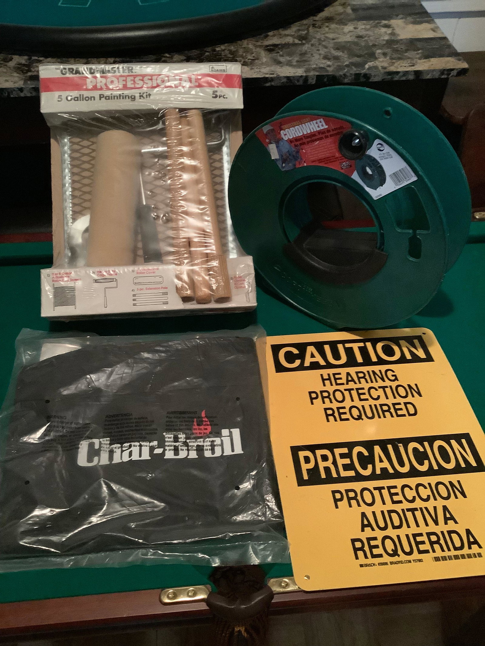 Lot of Grand Master Professional 5 Gallon Painting Kit, Char-Broil Grill Cover, Cordwheel and: Lot of Grand Master Professional 5 Gallon Painting Kit, Char-Broil Grill Cover, Cordwheel and Caution Sign 14x10