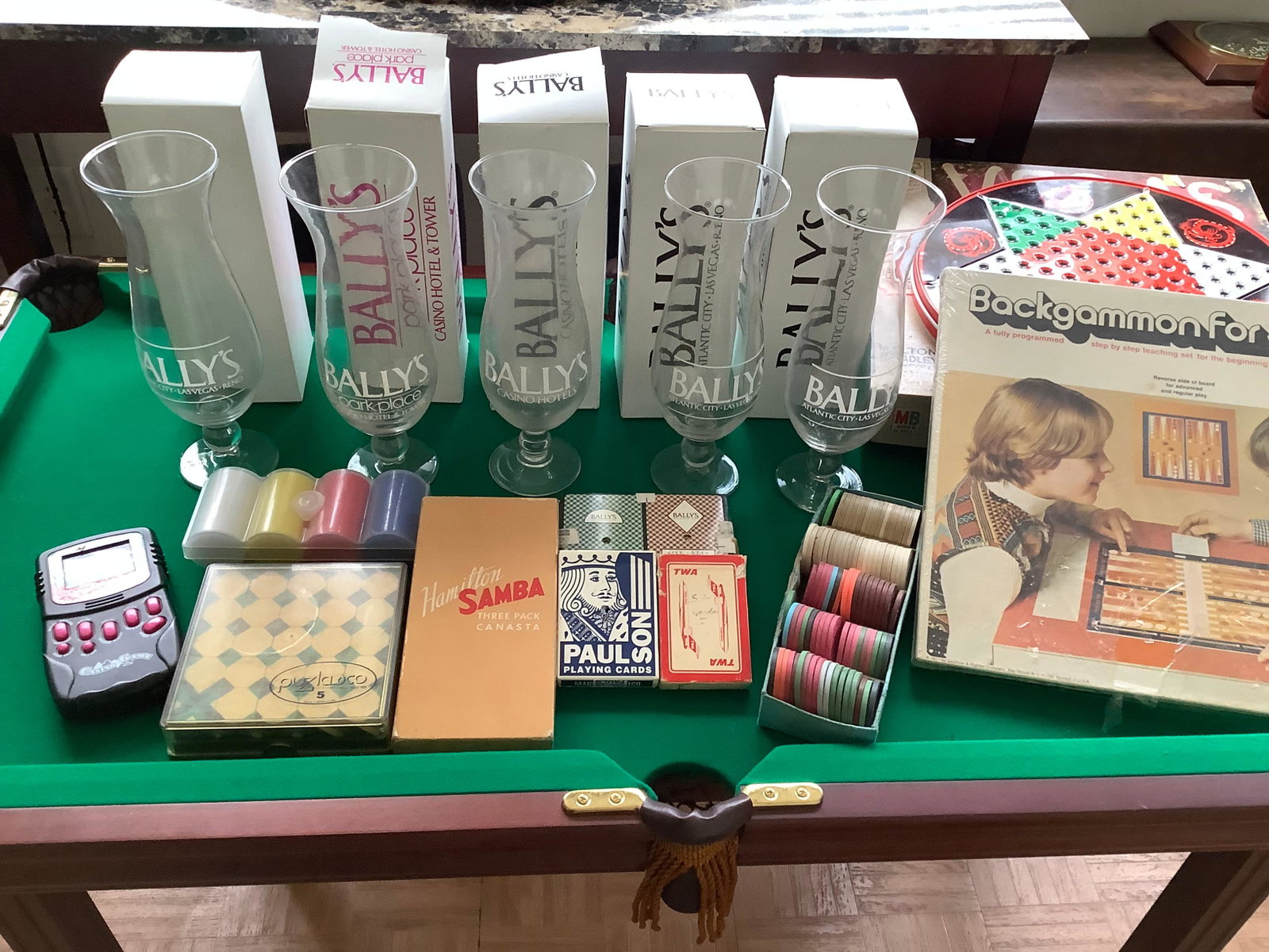 Lot of 5 Bally's Casino Cups, Sealed Backgammon For Kids Game,Hamilton Samba 3-Pk Canasta Set,: Lot of 5 Bally's Casino Cups, Sealed Backgammon For Kids Game,Hamilton Samba 3-Pk Canasta Set, Vintage Poker Chips and More