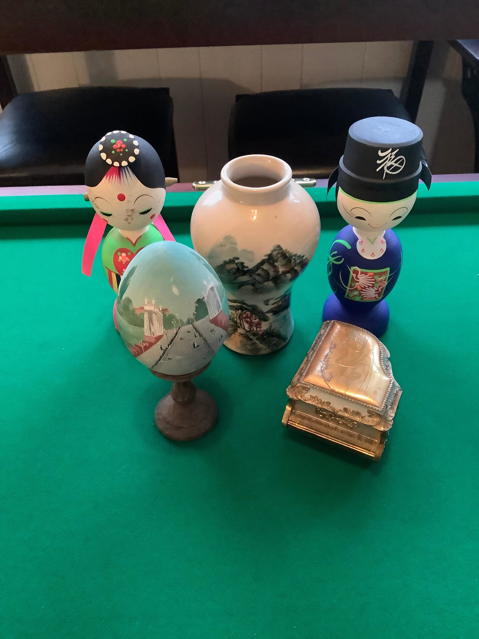 Lot of Wooden Oriental Figures, Signed Wooden Egg on Stand, Japan Musical Piano Box and Handpainted: Lot of Wooden Oriental Figures, Signed Wooden Egg on Stand, Japan Musical Piano Box and Handpainted Vase