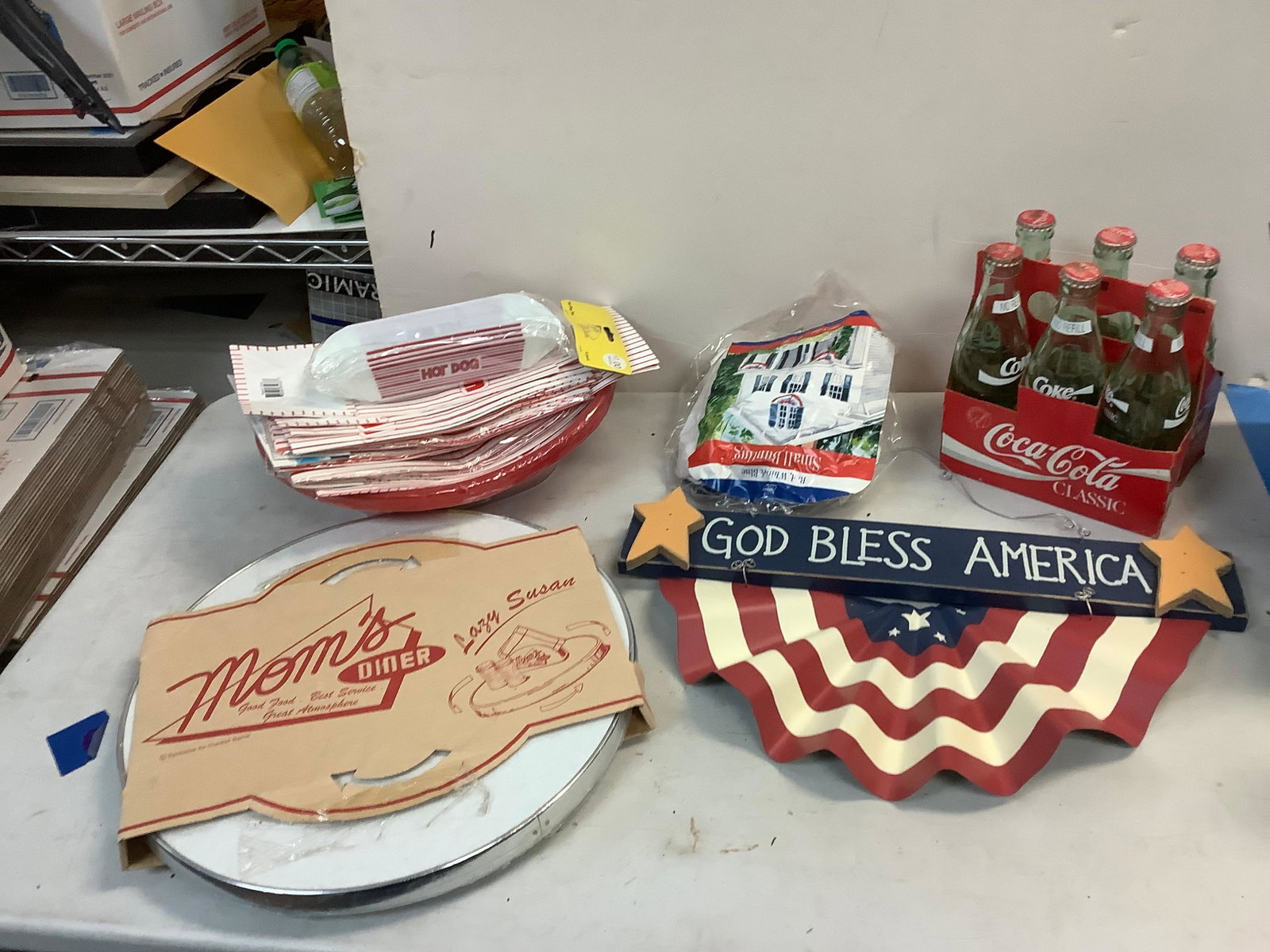 Lot of classic coke bottles, red white and blue bunting and more: Lot of classic coke bottles, red white and blue bunting and more