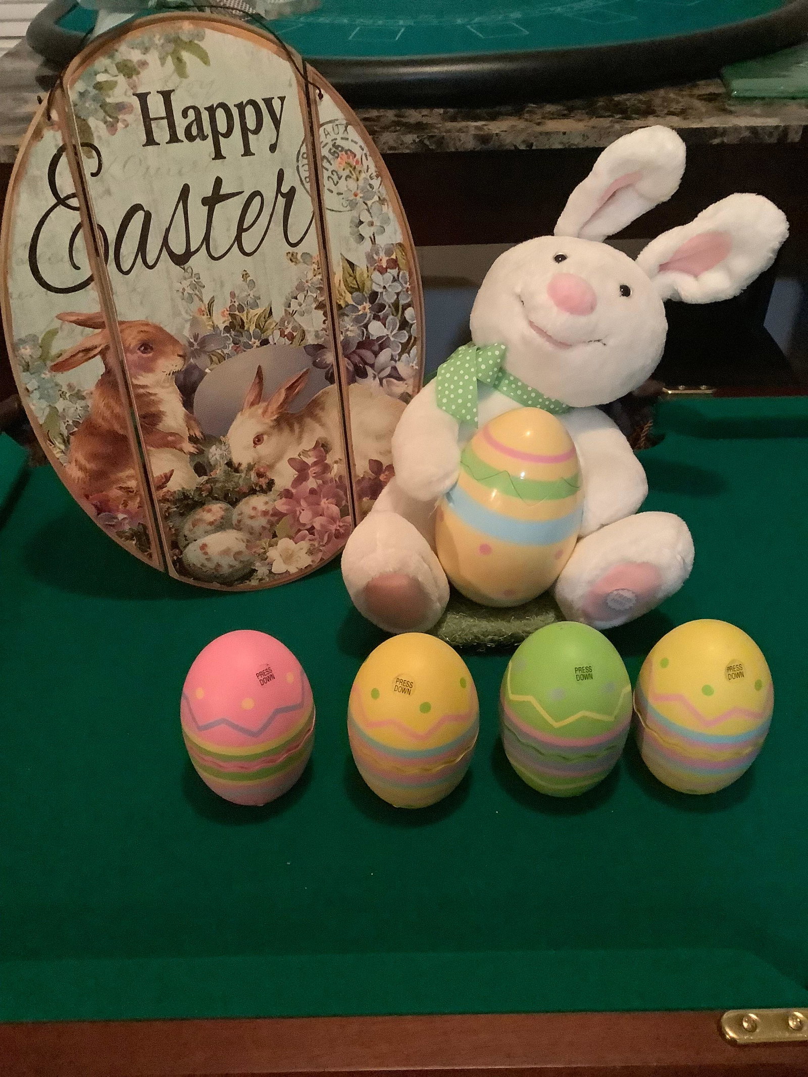 Lot of Hallmark Motion & Sound Rockin Rabbit, 4 Singing Eggs and Happy Easter Sign 14": Lot of Hallmark Motion & Sound Rockin Rabbit, 4 Singing Eggs and Happy Easter Sign 14"
