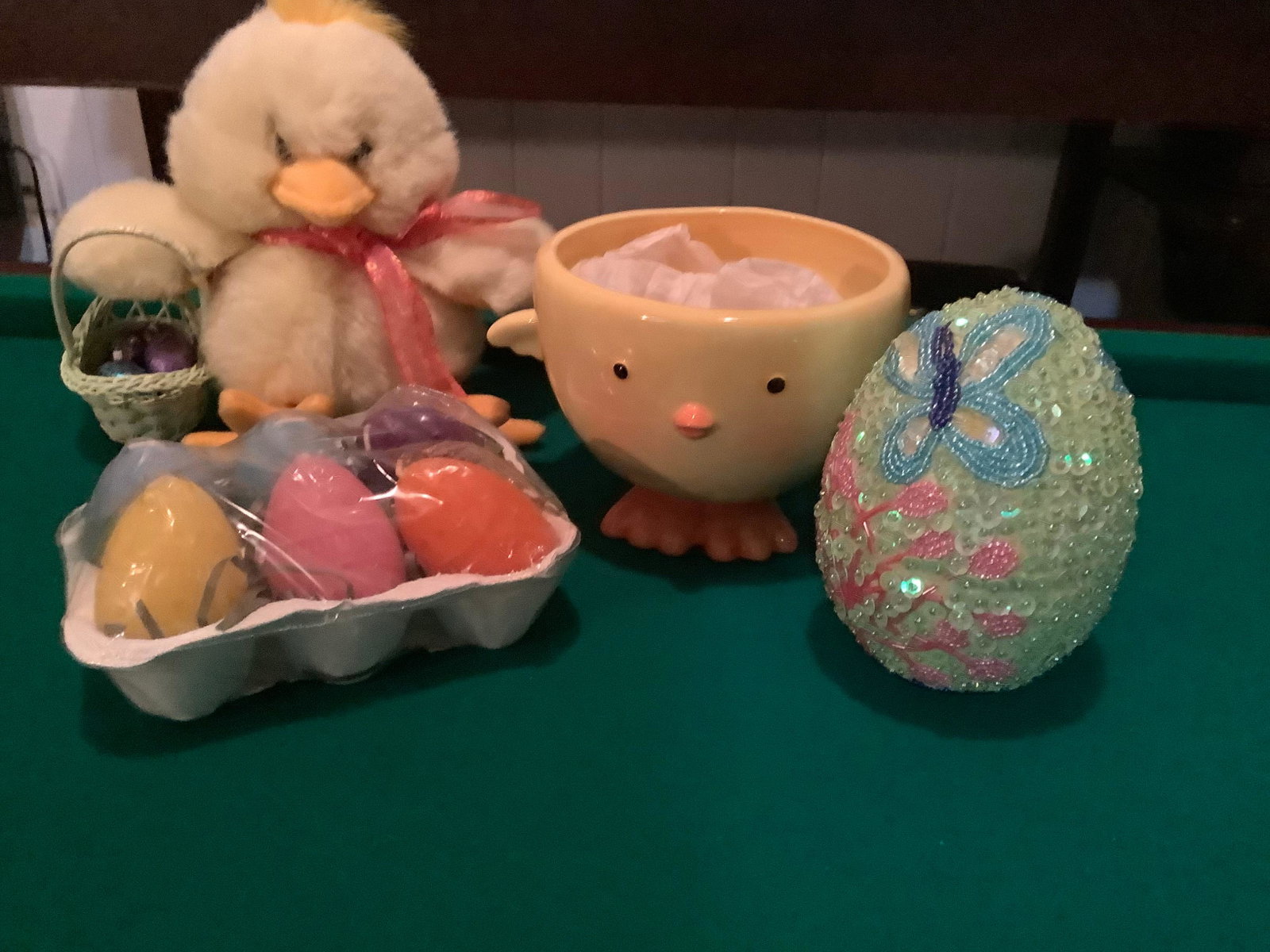 Lot of Hallmark Chick Dish 4.5", 6 Unscented Candle Eggs, Sequinced Egg Box and Plush Chick: Lot of Hallmark Chick Dish 4.5", 6 Unscented Candle Eggs, Sequinced Egg Box and Plush Chick