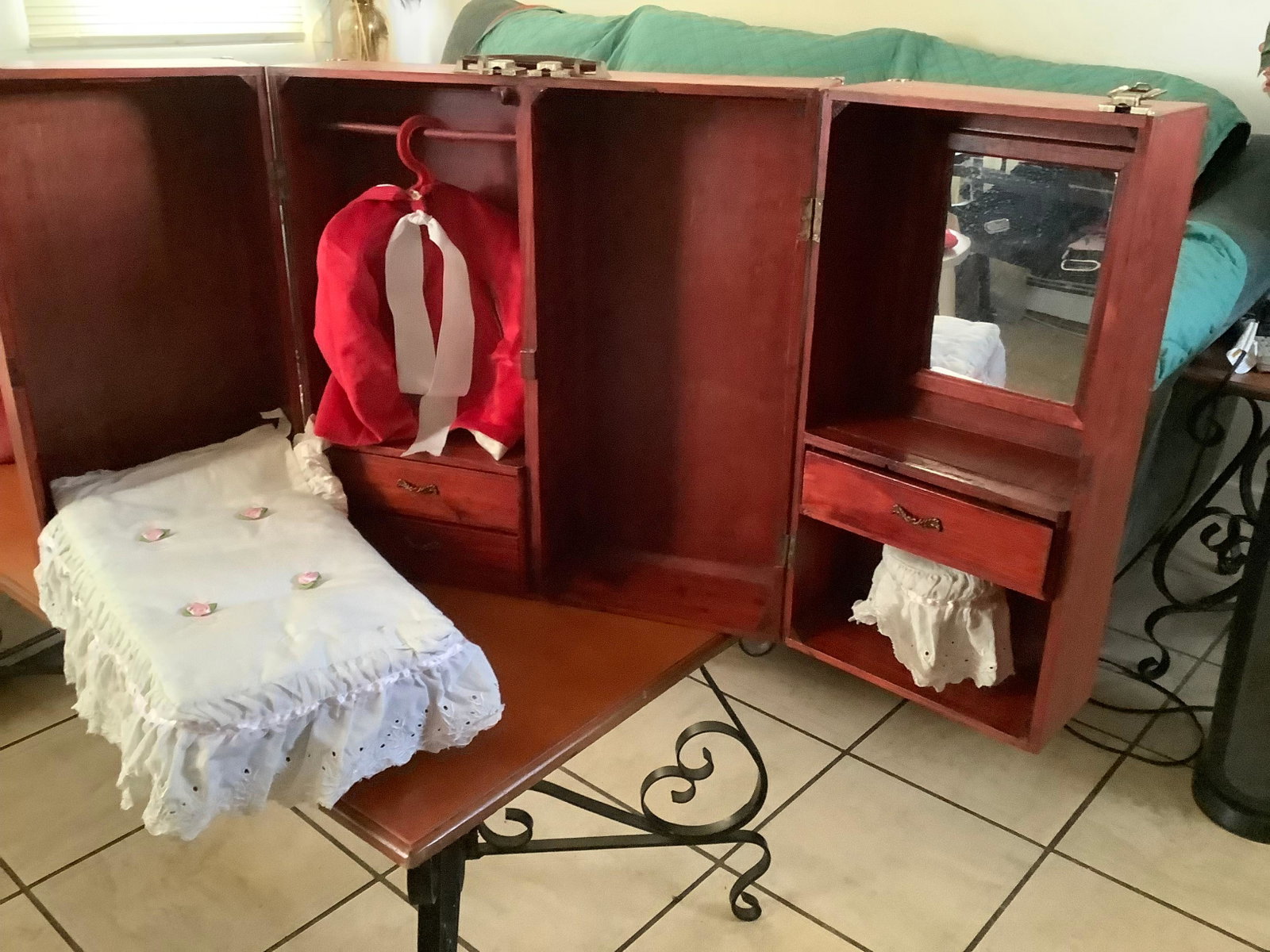 Vintage Wooden Carrying Doll Bedroom w/ Vanity & Stool, Murphy Bed, Closet and Dresser Made For: Vintage Wooden Carrying Doll Bedroom w/ Vanity & Stool, Murphy Bed, Closet and Dresser Made For American Girl Doll 20x20