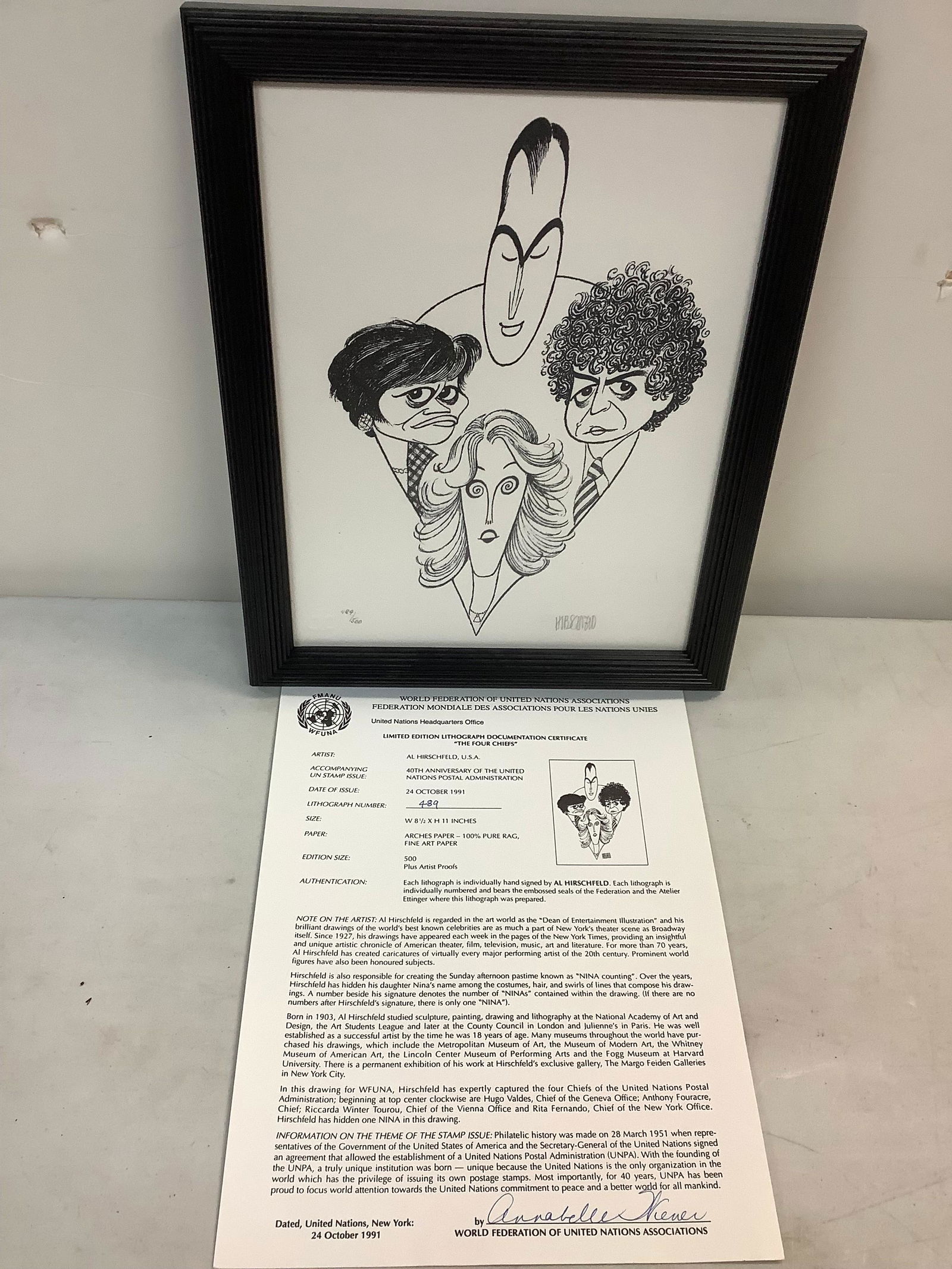 Lithograph Documentation certificate "The four chiefs" #489 Artist-AL HIRSCHFELD, USA 8 1/2 x 11: Lithograph Documentation certificate "The four chiefs" #489 Artist-AL HIRSCHFELD, USA 8 1/2 x 11