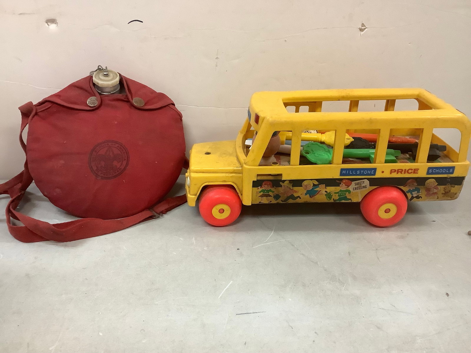Vintage millstone bus toy, boyscouts water jug: Vintage millstone bus toy, boyscouts water jug