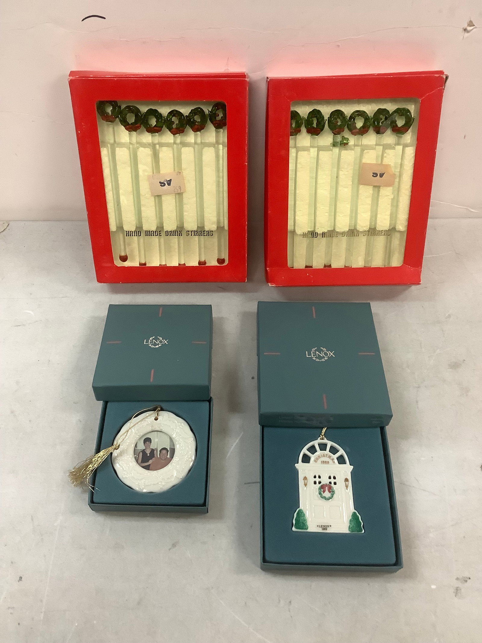Lot of hand made glass drink stirrers and LENOX christmas ornaments: Lot of hand made glass drink stirrers and LENOX christmas ornaments