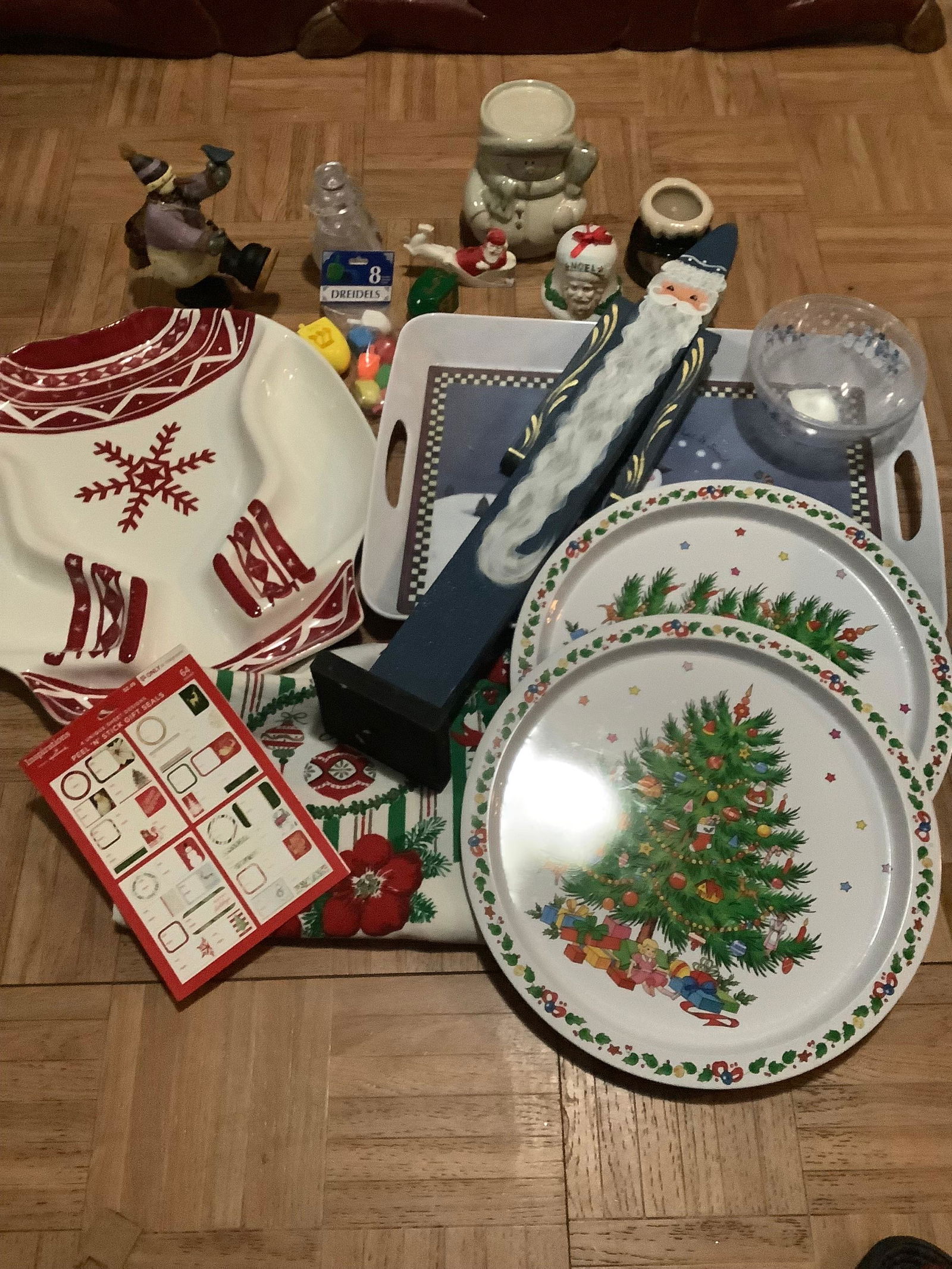 Lot of Trays, Wooden Santa Statue, Dreidels, Santa Bell and More Tallest 25" (1 of 1)