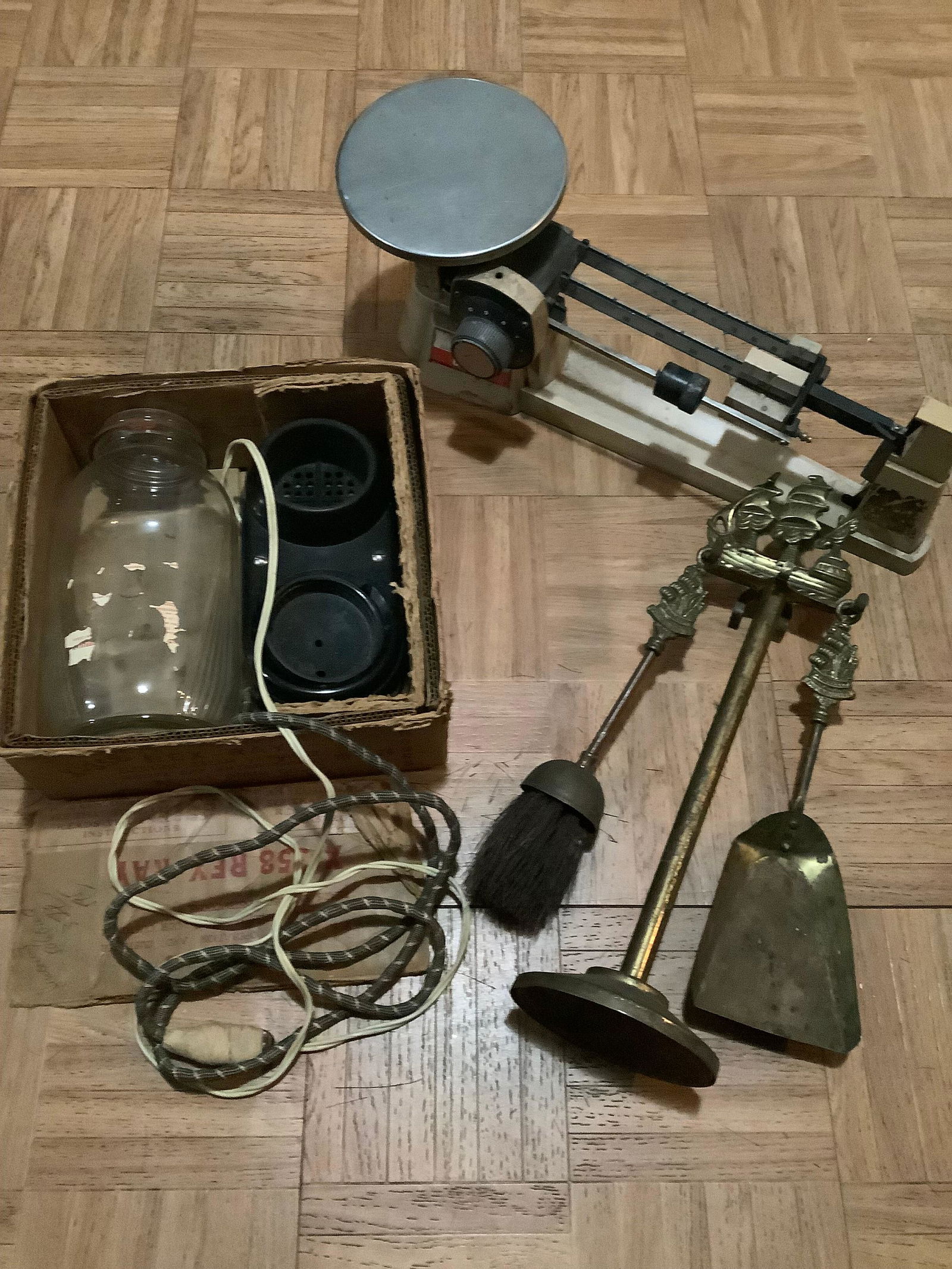 Lot of Vintage Ohaus Dial-O-Gram Balance Scale, Brass Ship Andirons and Rex-Ray Electric Steam: Lot of Vintage Ohaus Dial-O-Gram Balance Scale, Brass Ship Andirons and Rex-Ray Electric Steam Vaporizer