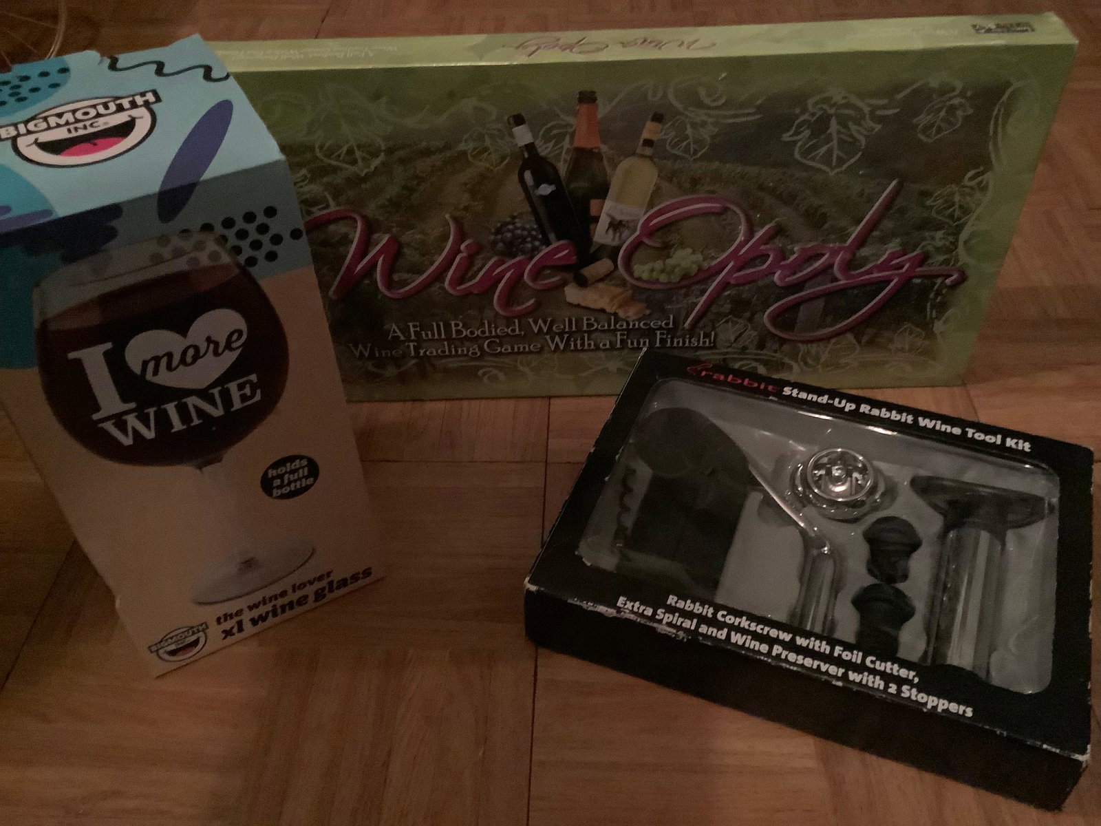Lot of Sealed WineOpoly Game, Rabbit Stand-Up Wine Tool Kit and Big Mouth XL Wine Glass: Lot of Sealed WineOpoly Game, Rabbit Stand-Up Wine Tool Kit and Big Mouth XL Wine Glass