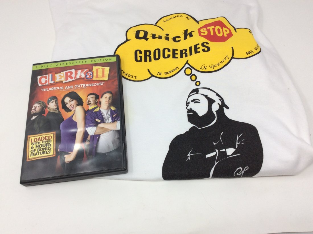 Kevin smith, Quick Stop Groceries T-shirt slight stain on front and Clerks 2 DVD: Kevin smith, Quick Stop Groceries T-shirt slight stain on front and Clerks 2 DVD