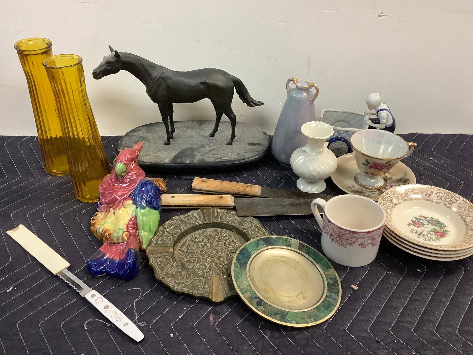 Lot of Amber Colored Glass Vases, Metal Horse on Stand, Ashtrays and More Tallest 9": Lot of Amber Colored Glass Vases, Metal Horse on Stand, Ashtrays and More Tallest 9"