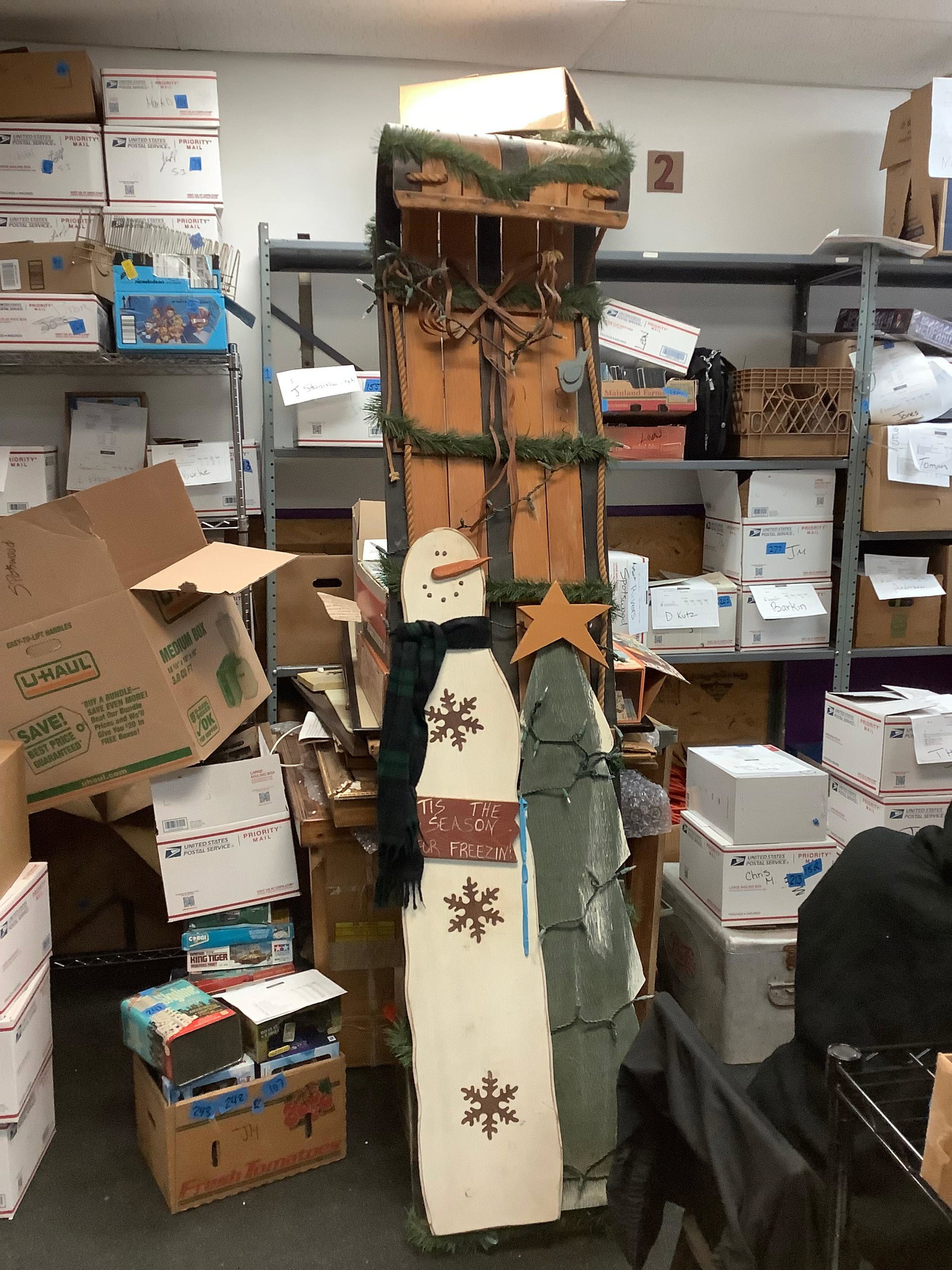 Tall Wooden Decorative Sled w/ Snowman & Lights 7': Tall Wooden Decorative Sled w/ Snowman & Lights 7'