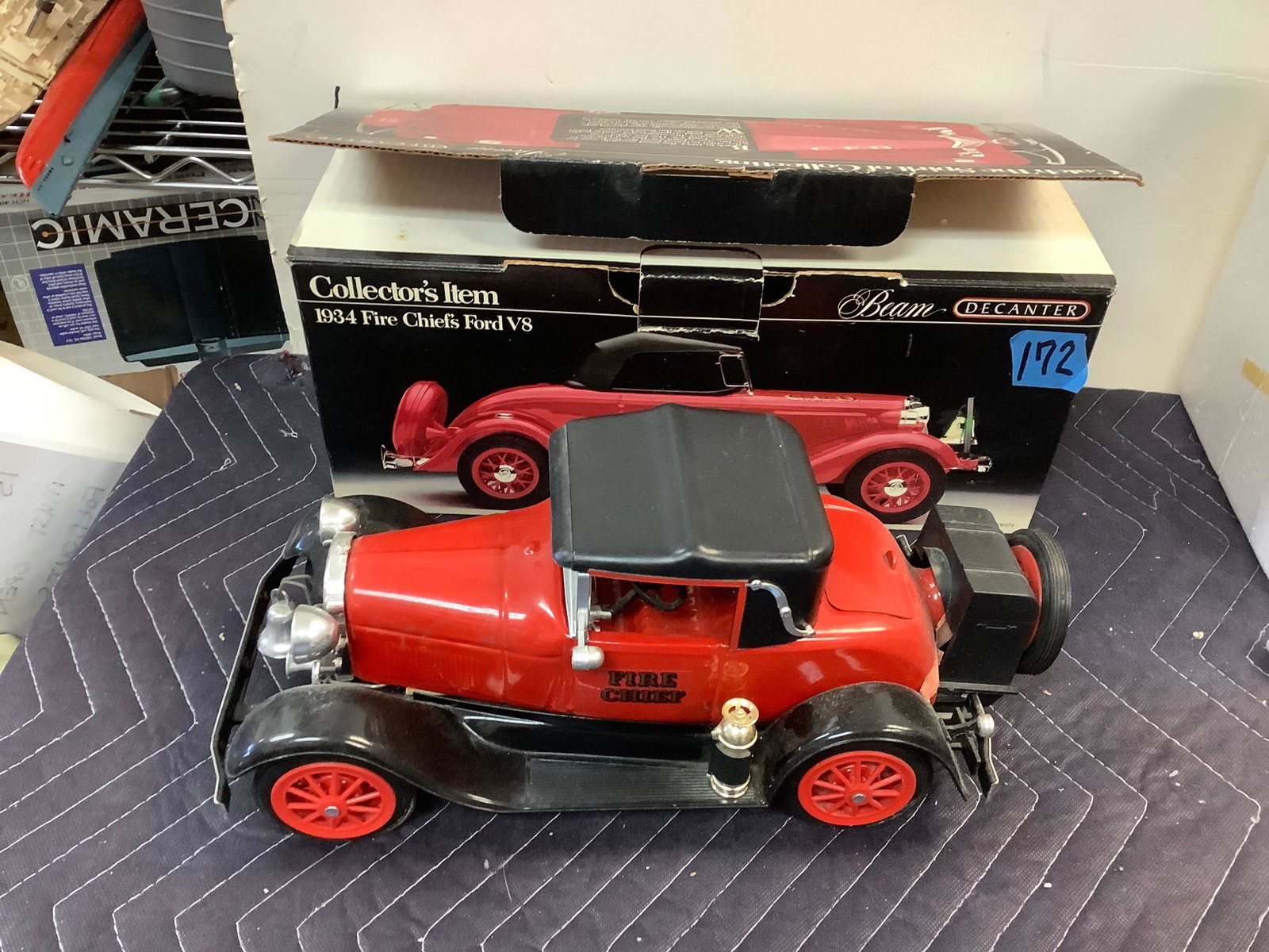 Collector's Item 1934 Fire Chief's Ford V8 Beam Decanter Sealed: Any contents in bottle is Free; You are bidding on the bottle & unbroken tax stamp