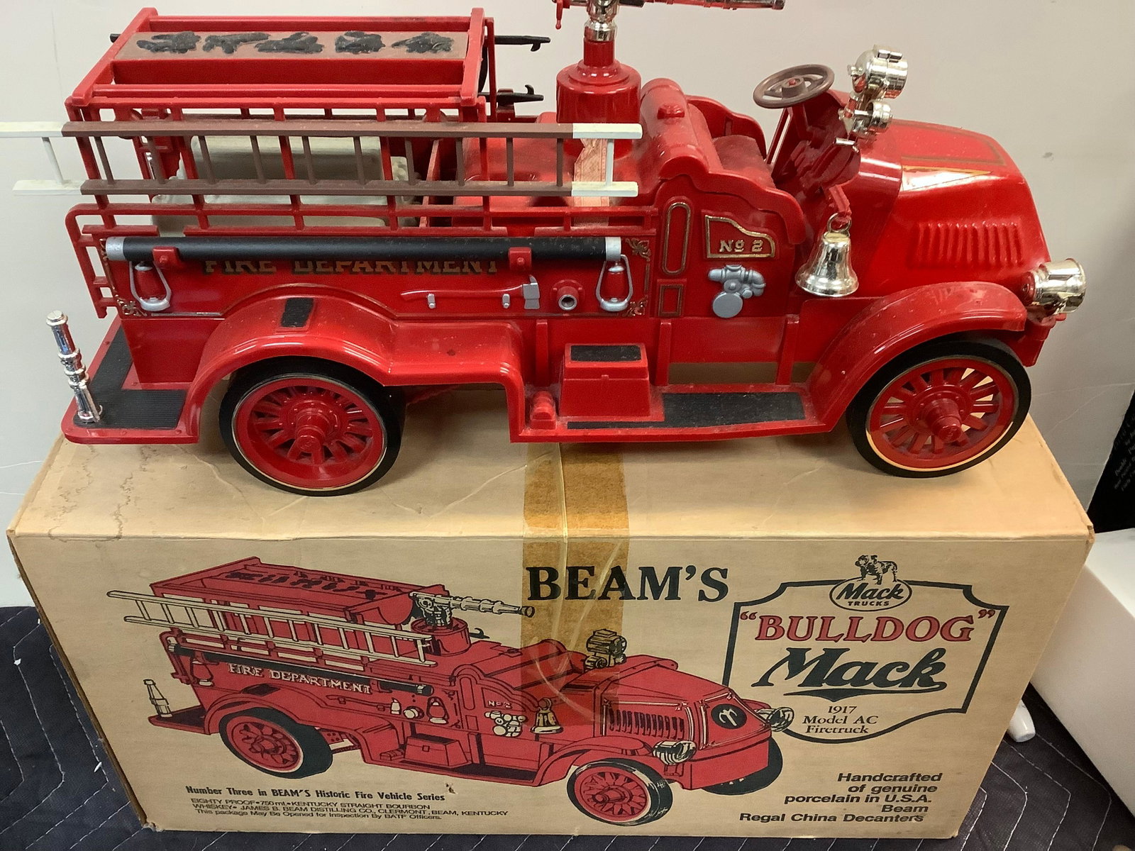 Beam's "Bulldog" Mack 1917 Model AC Firetruck decanter - Sealed: Any contents in bottle is Free; You are bidding on the bottle & unbroken tax stamp