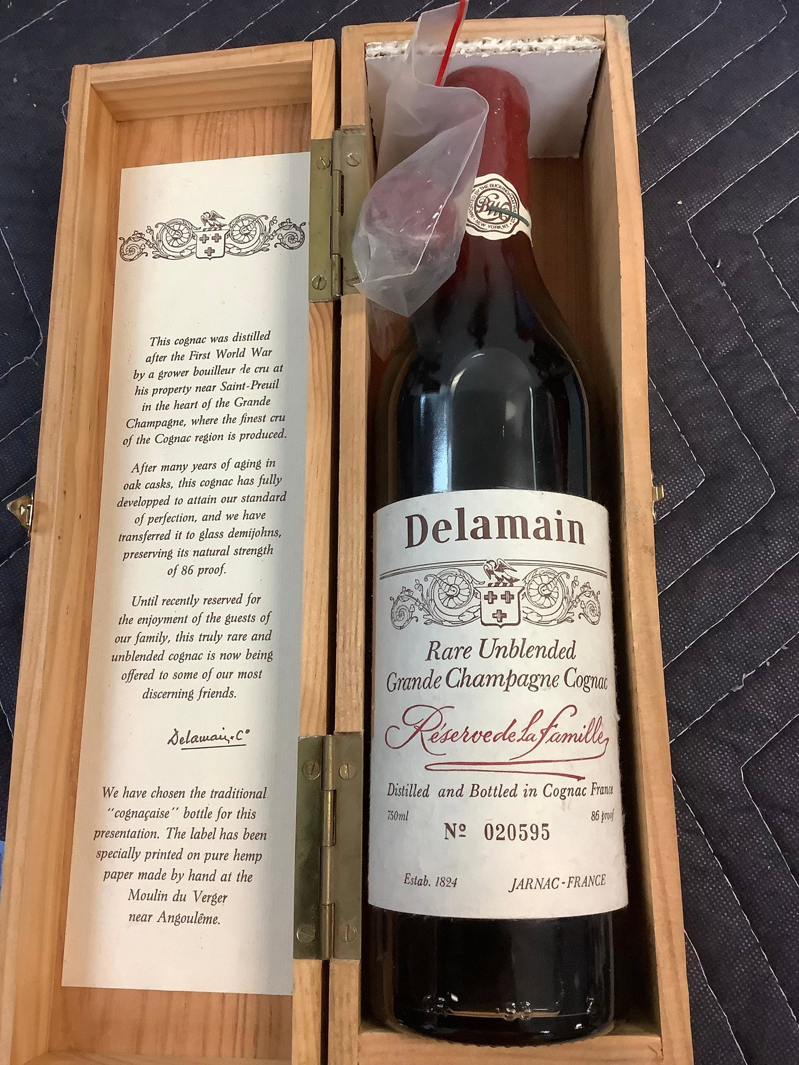 Delamain Rare Unblended Grande Champagne Cognac No. 020595 750 ML - sealed: Any contents in bottle is Free; You are bidding on the bottle & unbroken tax stamp