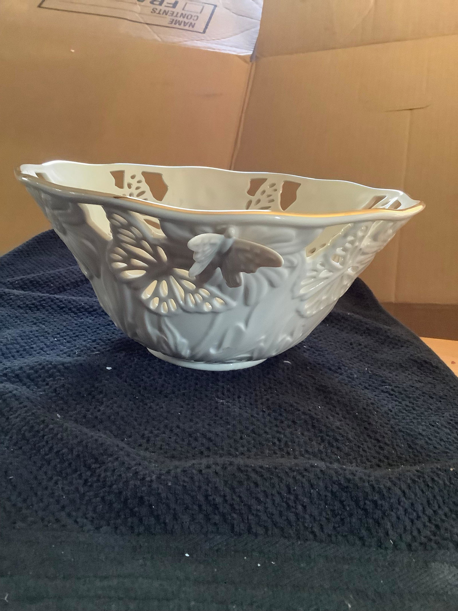Lenox "Butterfly & Lace" bowl approx 10" across: Lenox "Butterfly & Lace" bowl approx 10" across