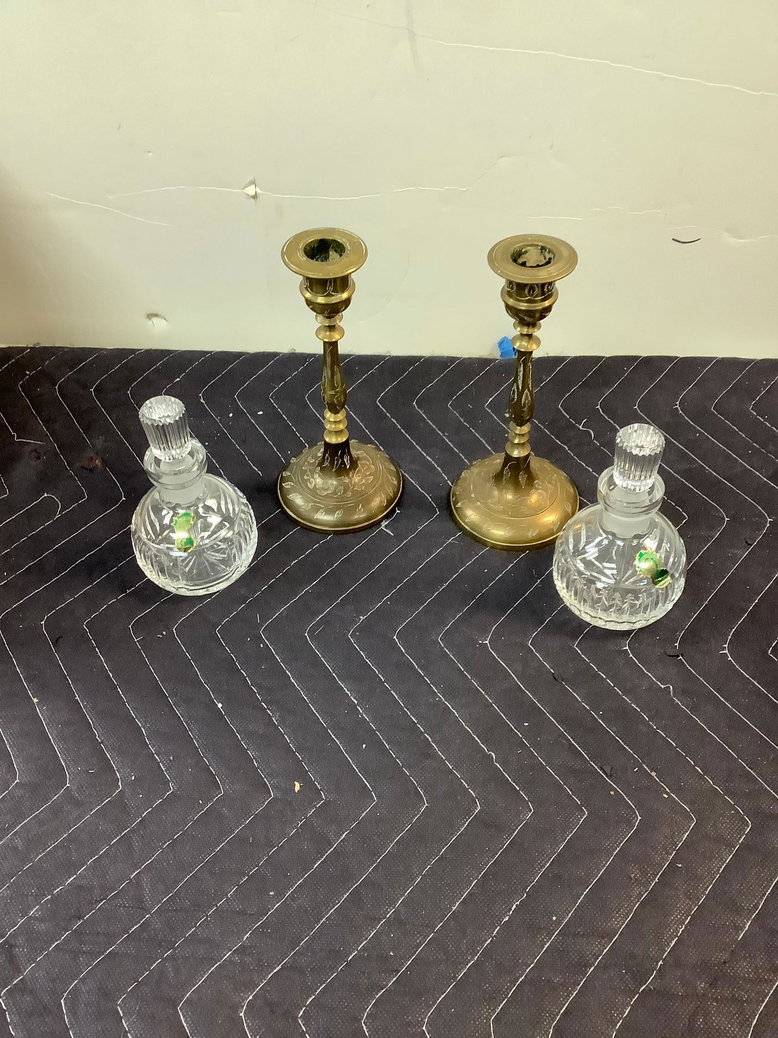 Lot of 2 Waterford Crystal Decanters 5" and Brass Candle Holders 7" (1 of 1)