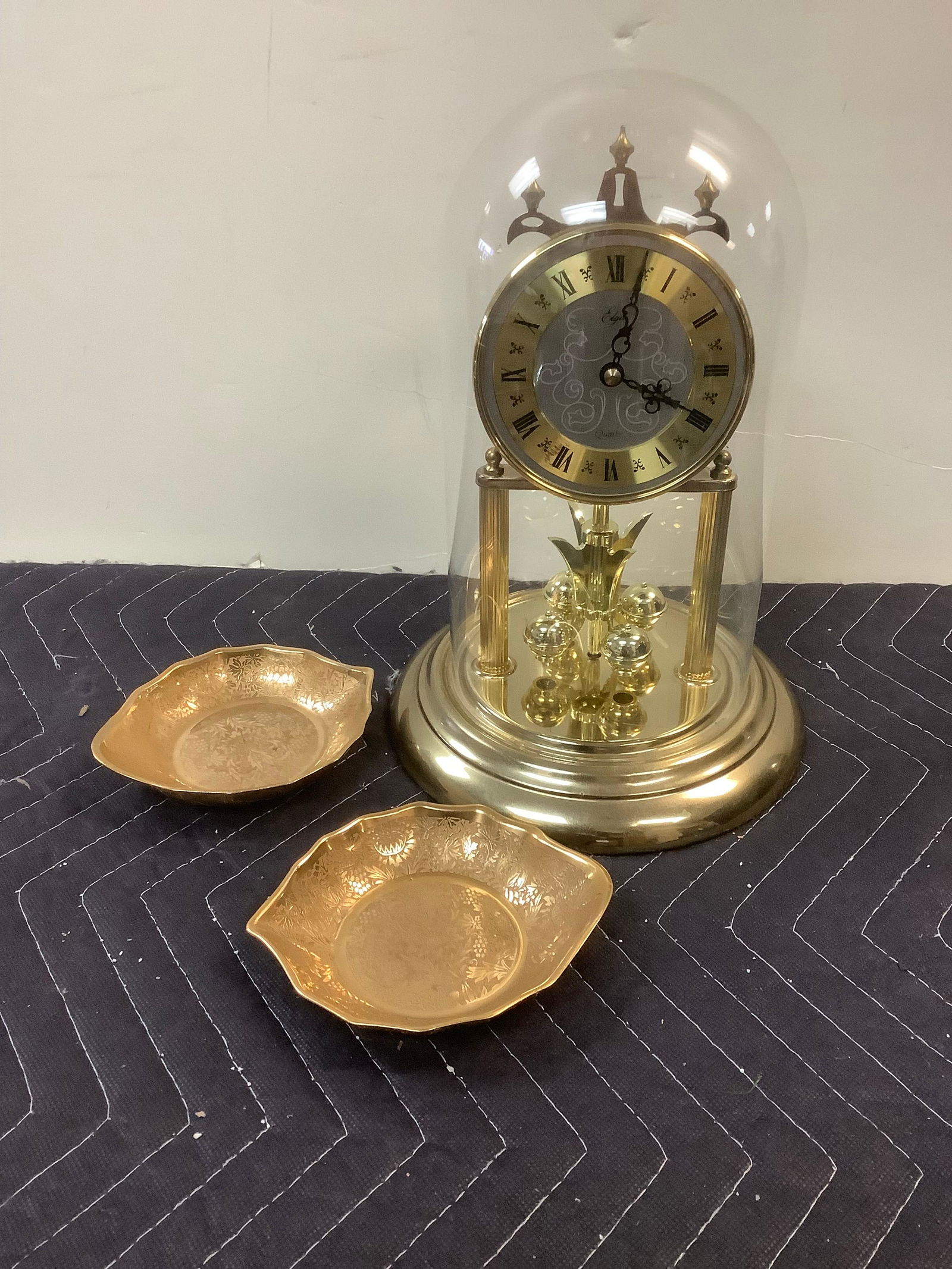 Elgan Quartz Table Clock with Glass Dome and 2 Glass Gold tone Plates Tallest 11.5 (1 of 1)