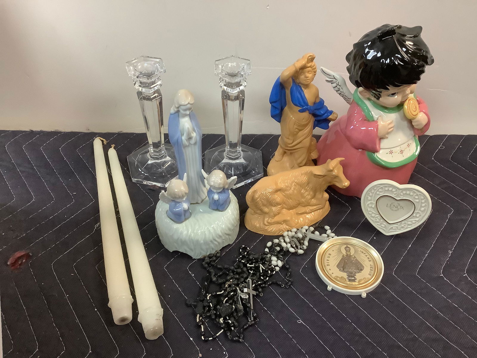 Lot of Religious Crosses, Small Lenox Picture Frame, Angel Girl Licking Lolly Pop Cookie Jar and: Wing Broken