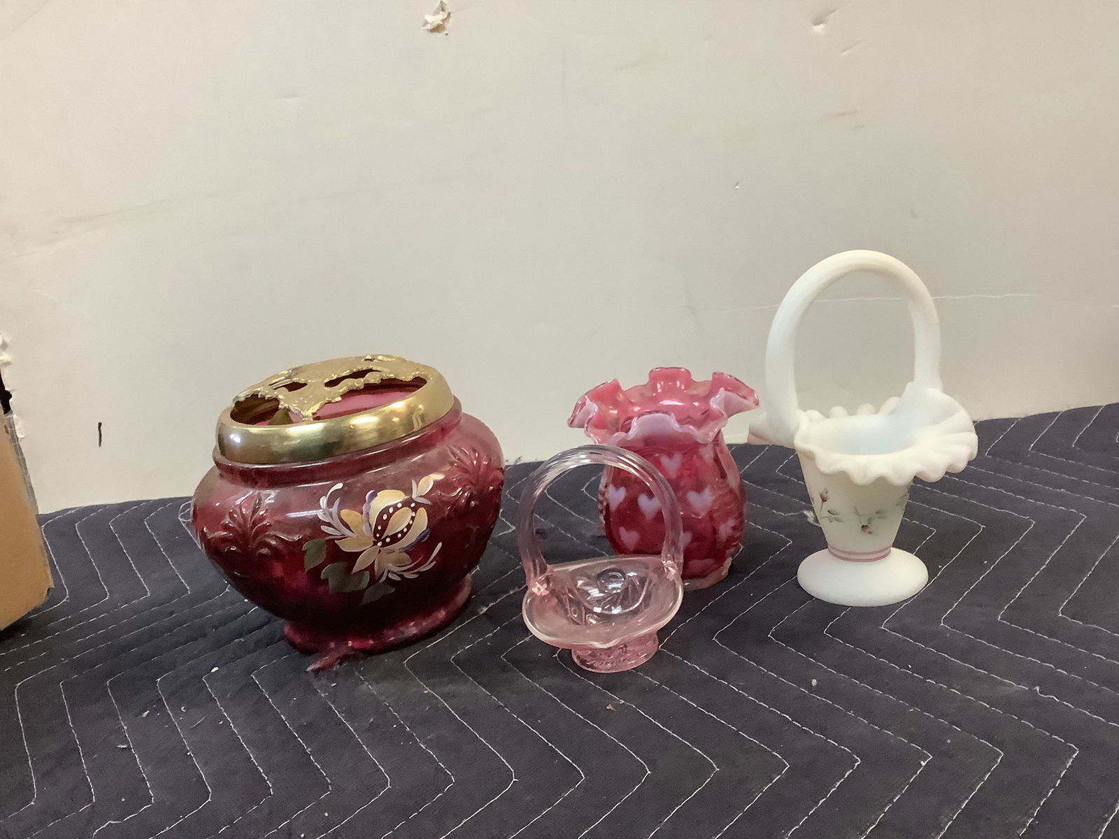 Lot of Glass Baskets, Hand painted and Signed Lidded Jar and Art Glass Vase (1 of 1)