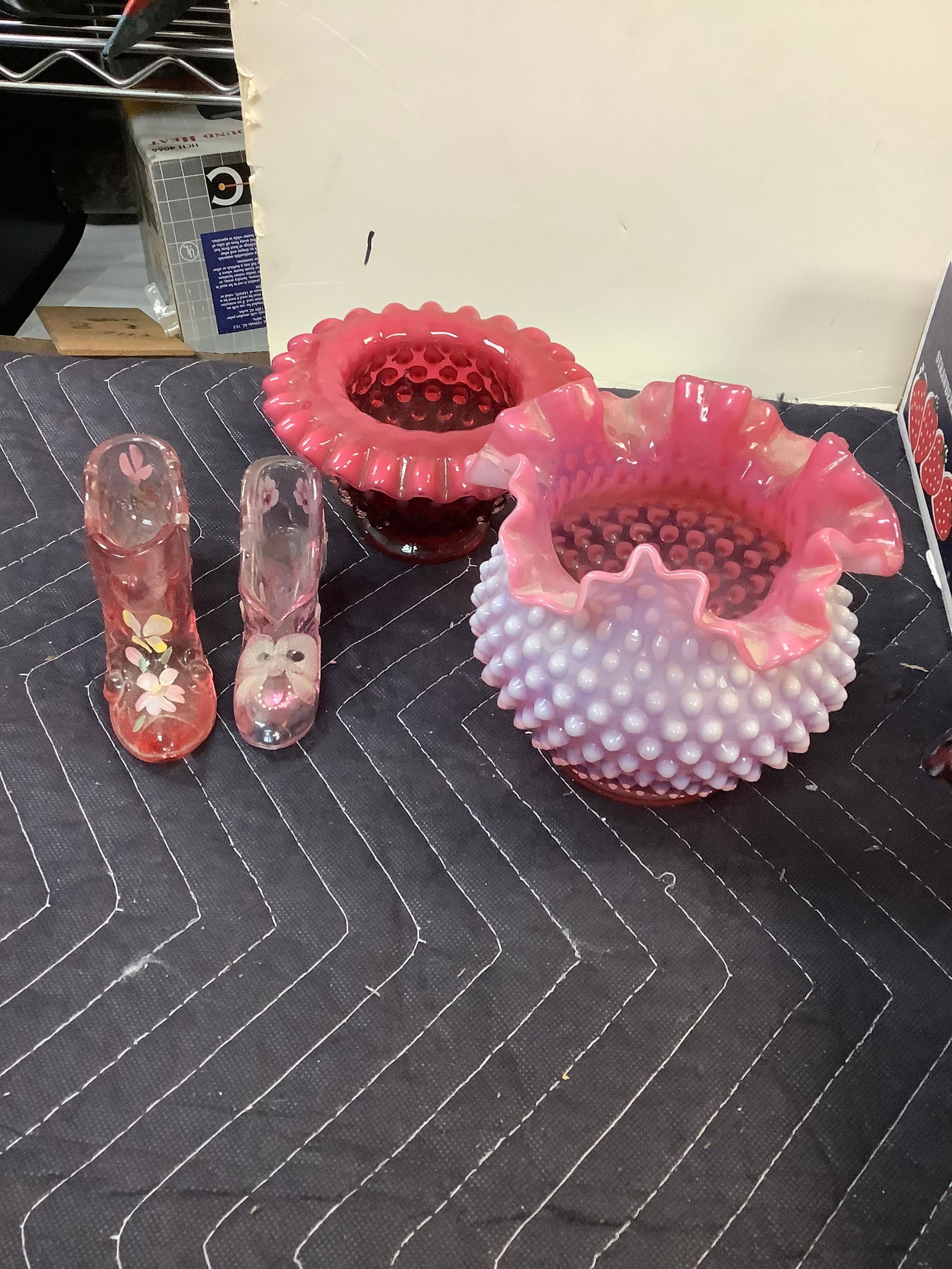 Lot of Vintage Colored Bubble Glass Vases and Signed Glass Shoes (1 of 1)