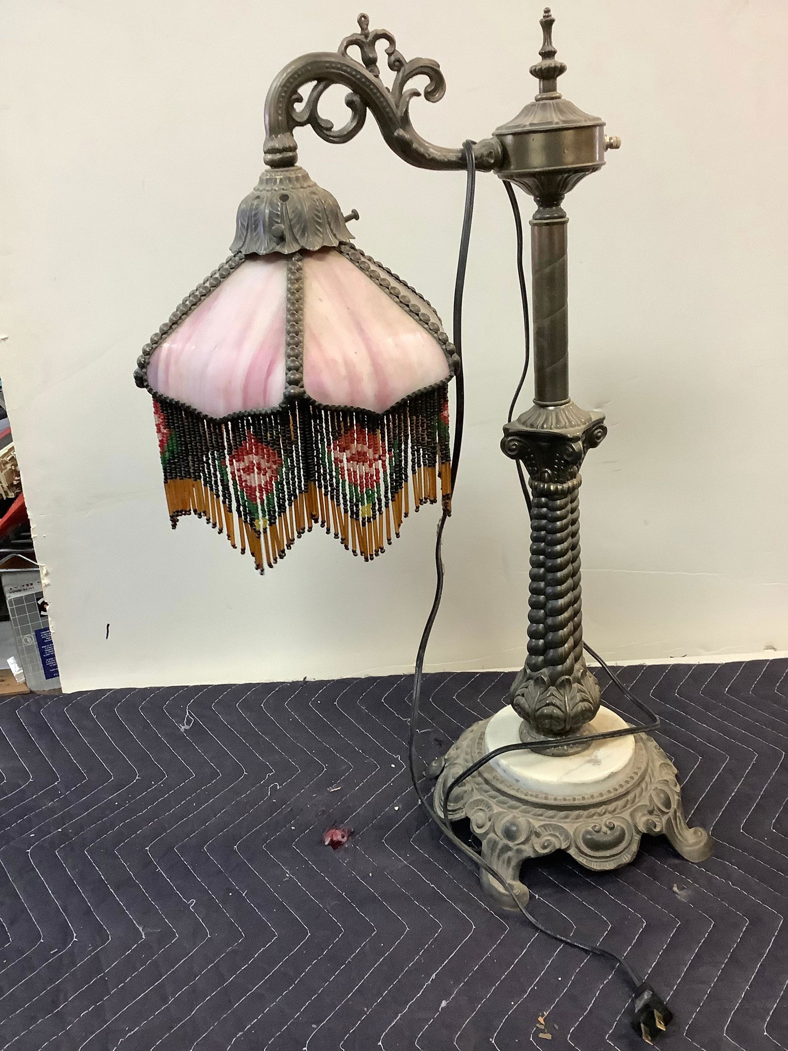 Vintage Metal & Stone Lamp w/ Swag Glass Shade & Beads 25" (1 of 1)