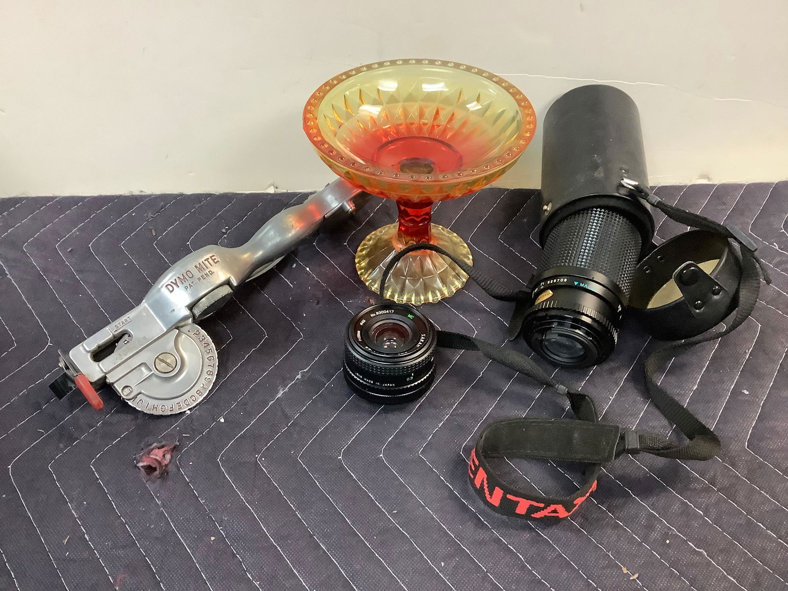 Lot of Camera Lenses, Vintage Metal Dyno-Mite Label Maker and Colored Dish (1 of 1)