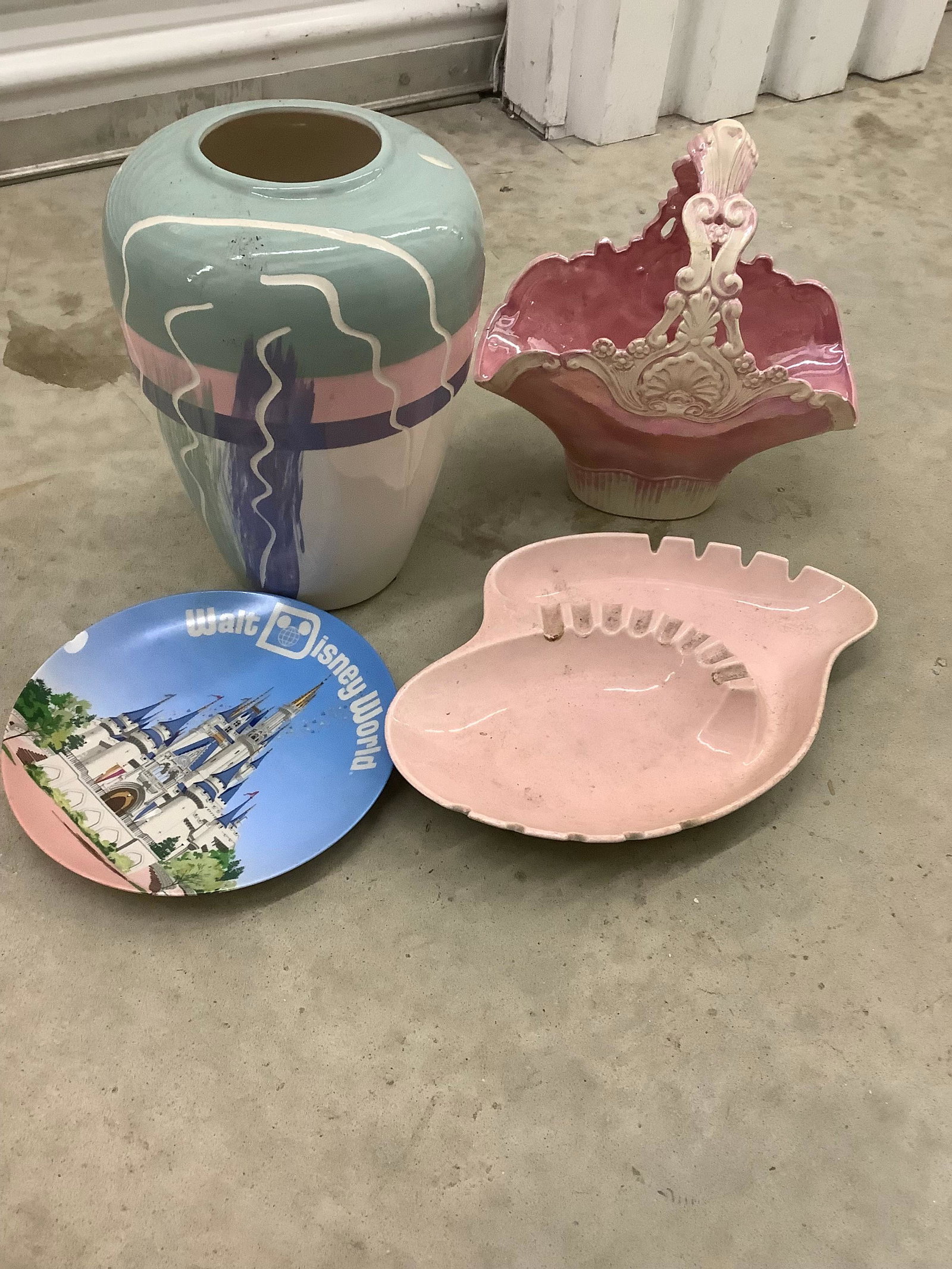 Lot of Vintage Royal Haeger Ashtray R1664, Vase, Basket and Walt Disney World Plate (Chip): Lot of Vintage Royal Haeger Ashtray R1664, Vase, Basket and Walt Disney World Plate (Chip)