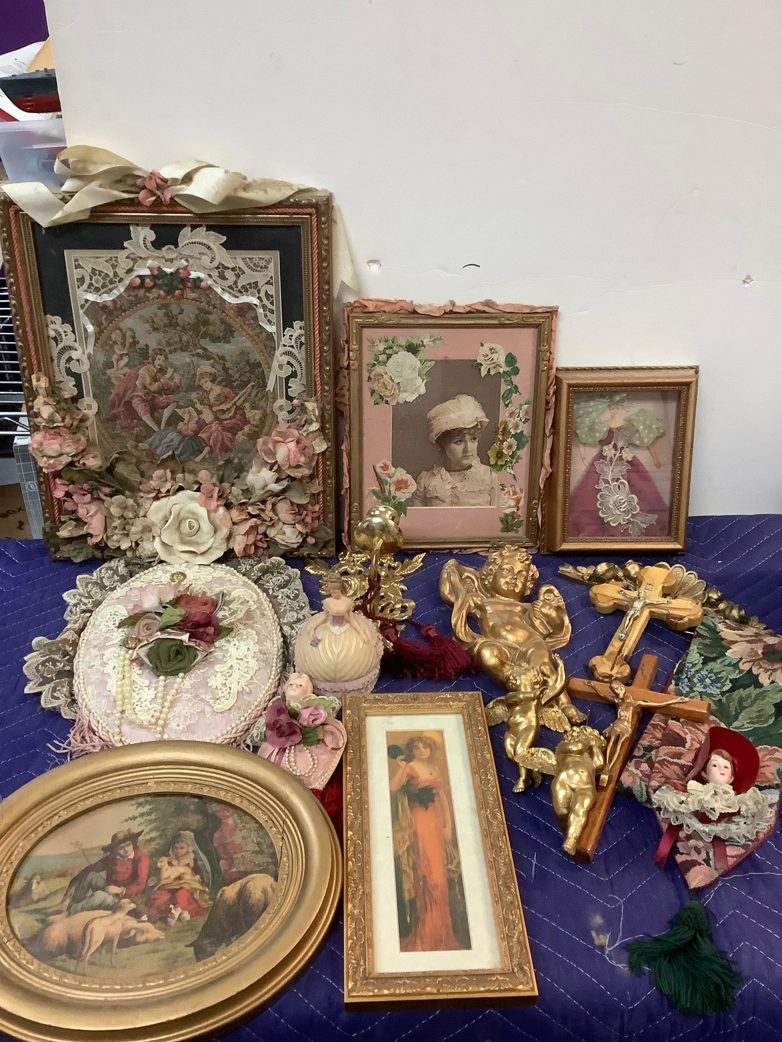 golden angel ornaments, Religious cross, vintage Framed pictures, and more (1 of 1)